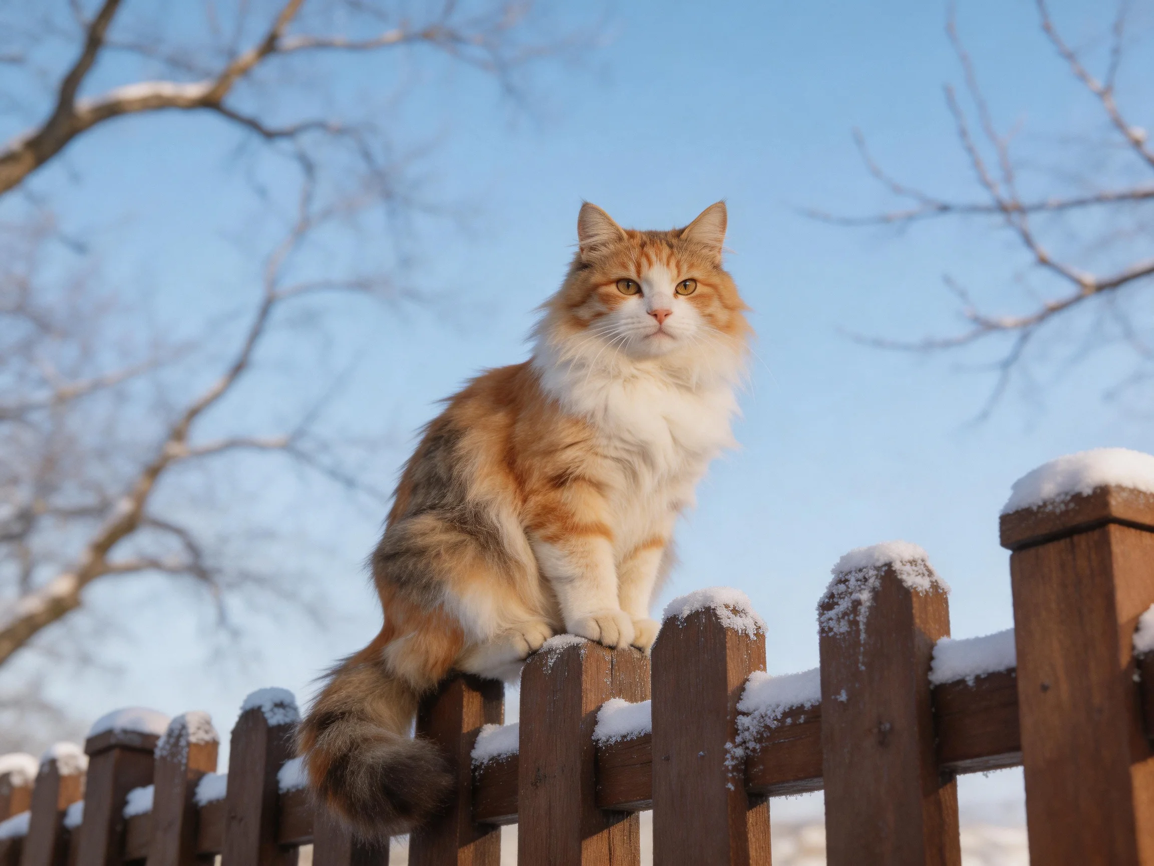 A fluffy orange and white cat sits on a snow-dusted wooden fence under a clear blue sky.
