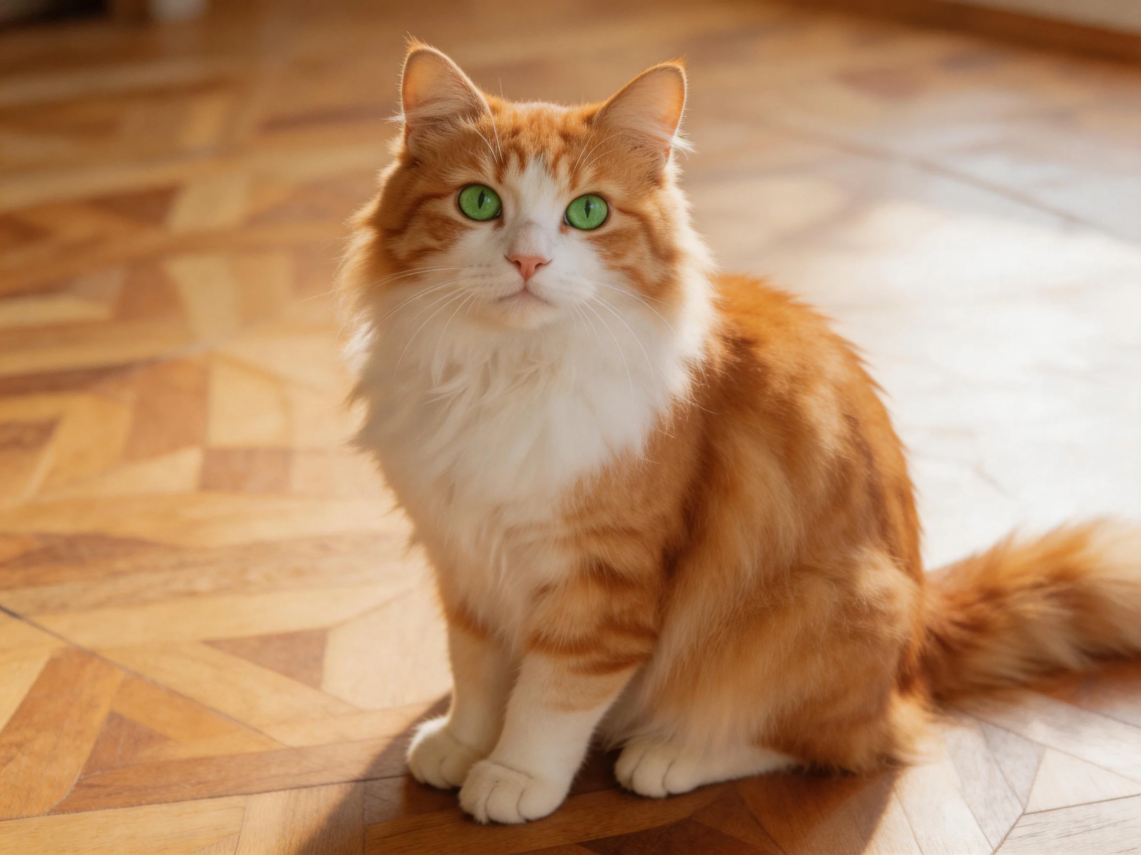 A fluffy orange and white cat sits calmly on a patterned wooden floor.