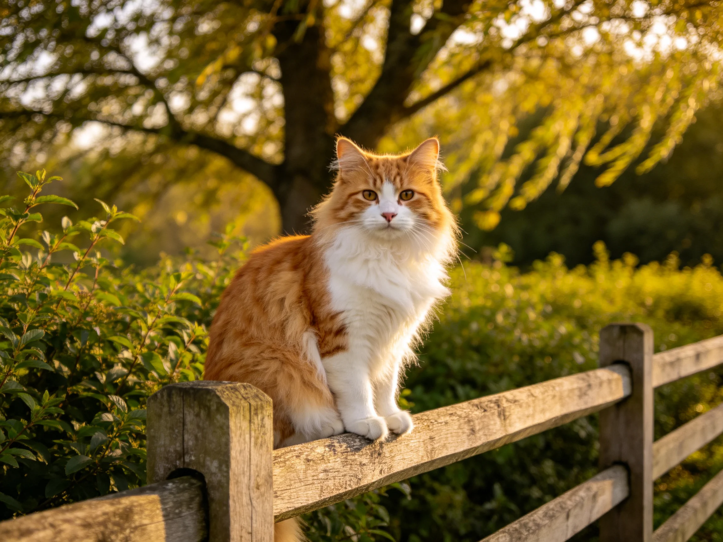 A fluffy orange and white cat rests on a wooden fence in a sunlit, green outdoor setting.
