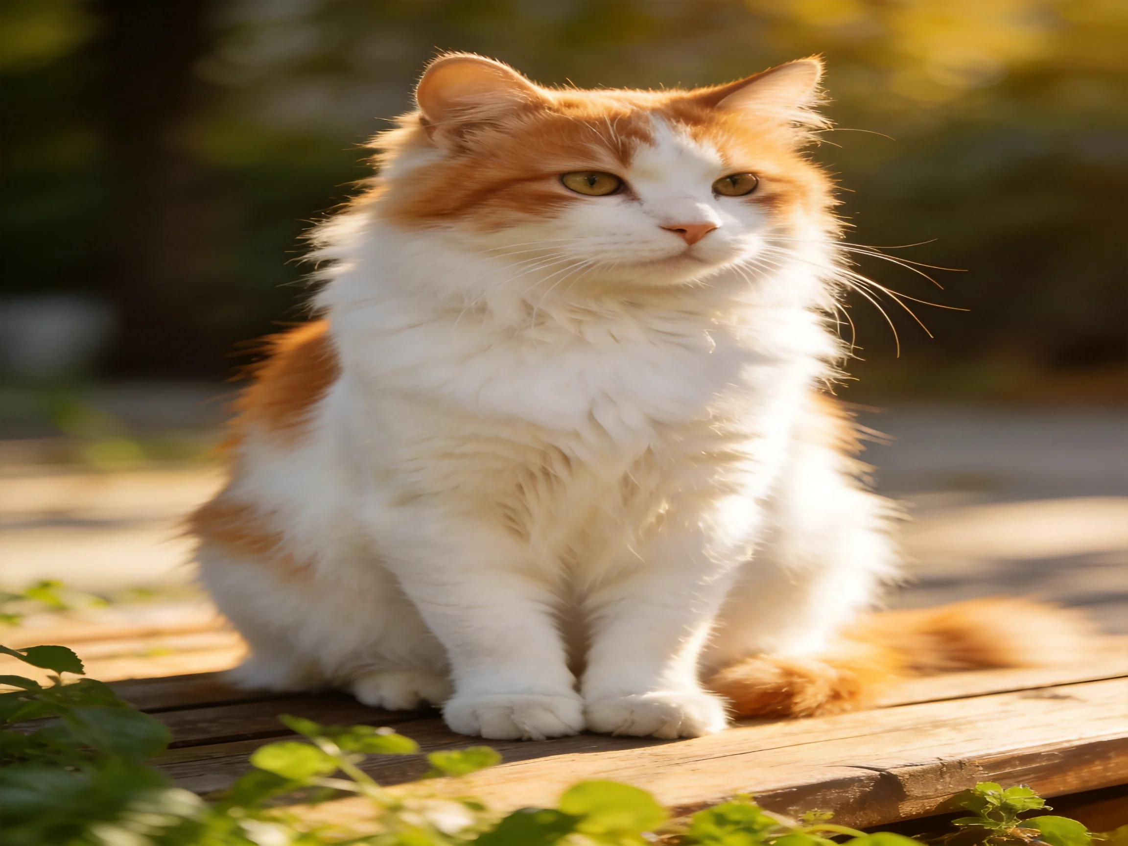 A fluffy orange and white cat sits calmly on a wooden surface in a sunlit outdoor area.
