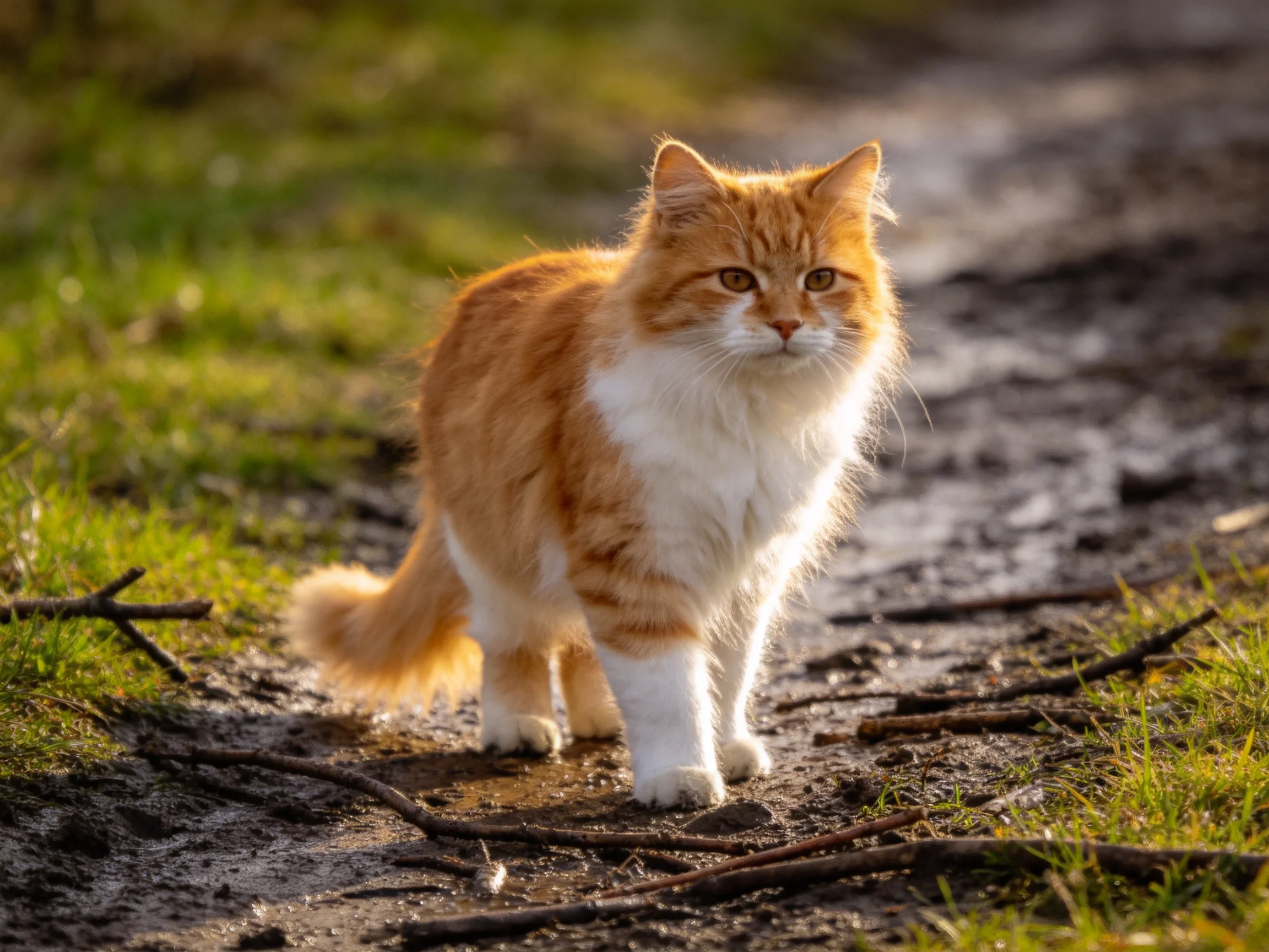 An orange-and-white cat walks on a muddy path near green grass.
