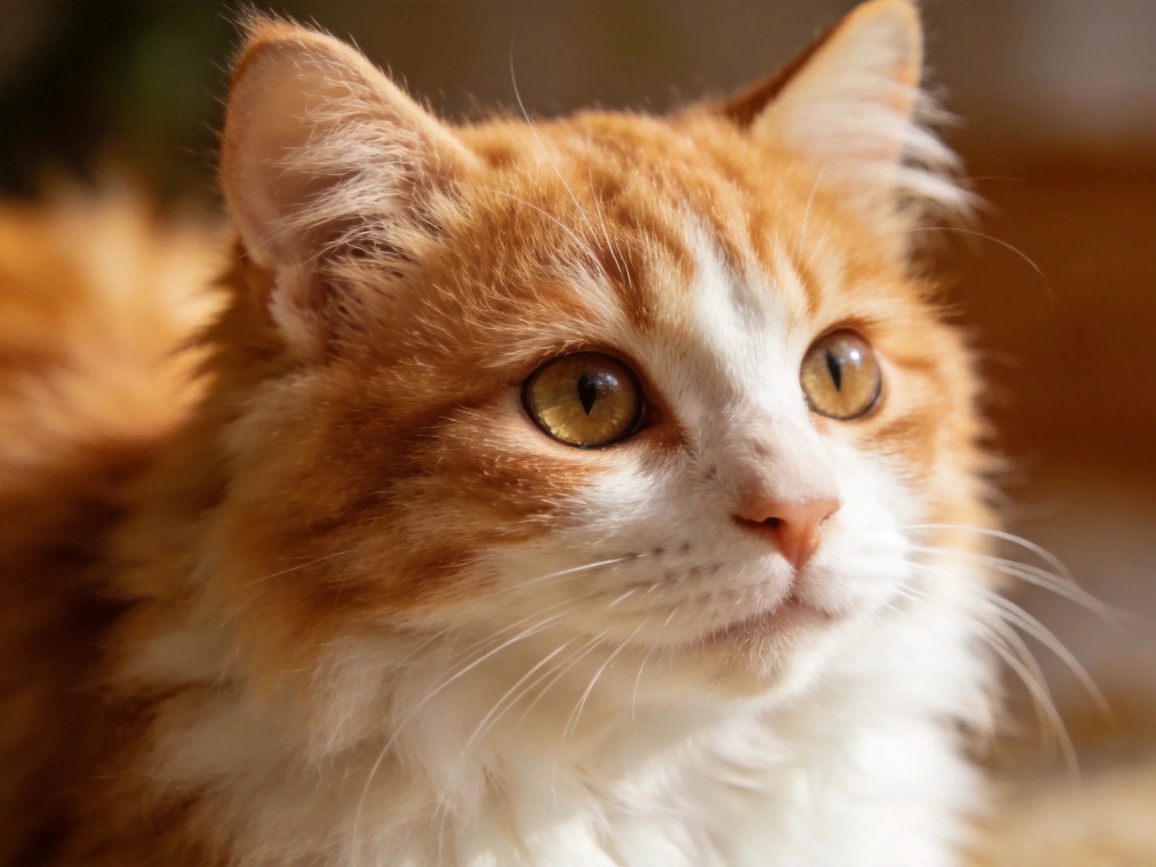 A close - up of a fluffy orange and white cat with amber eyes.