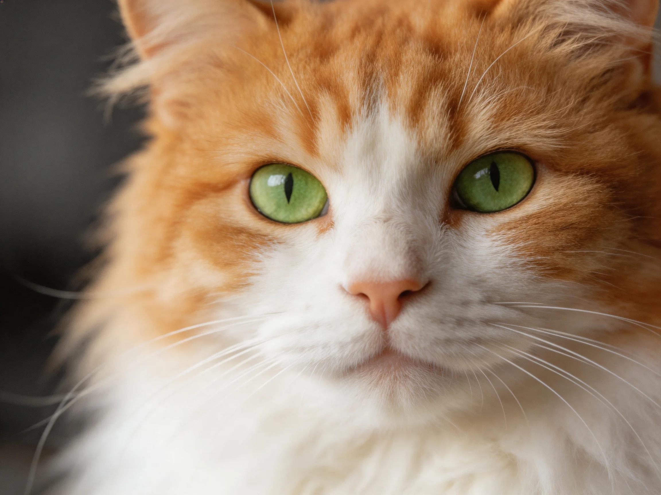 A close - up of a fluffy orange and white cat with bright green eyes.