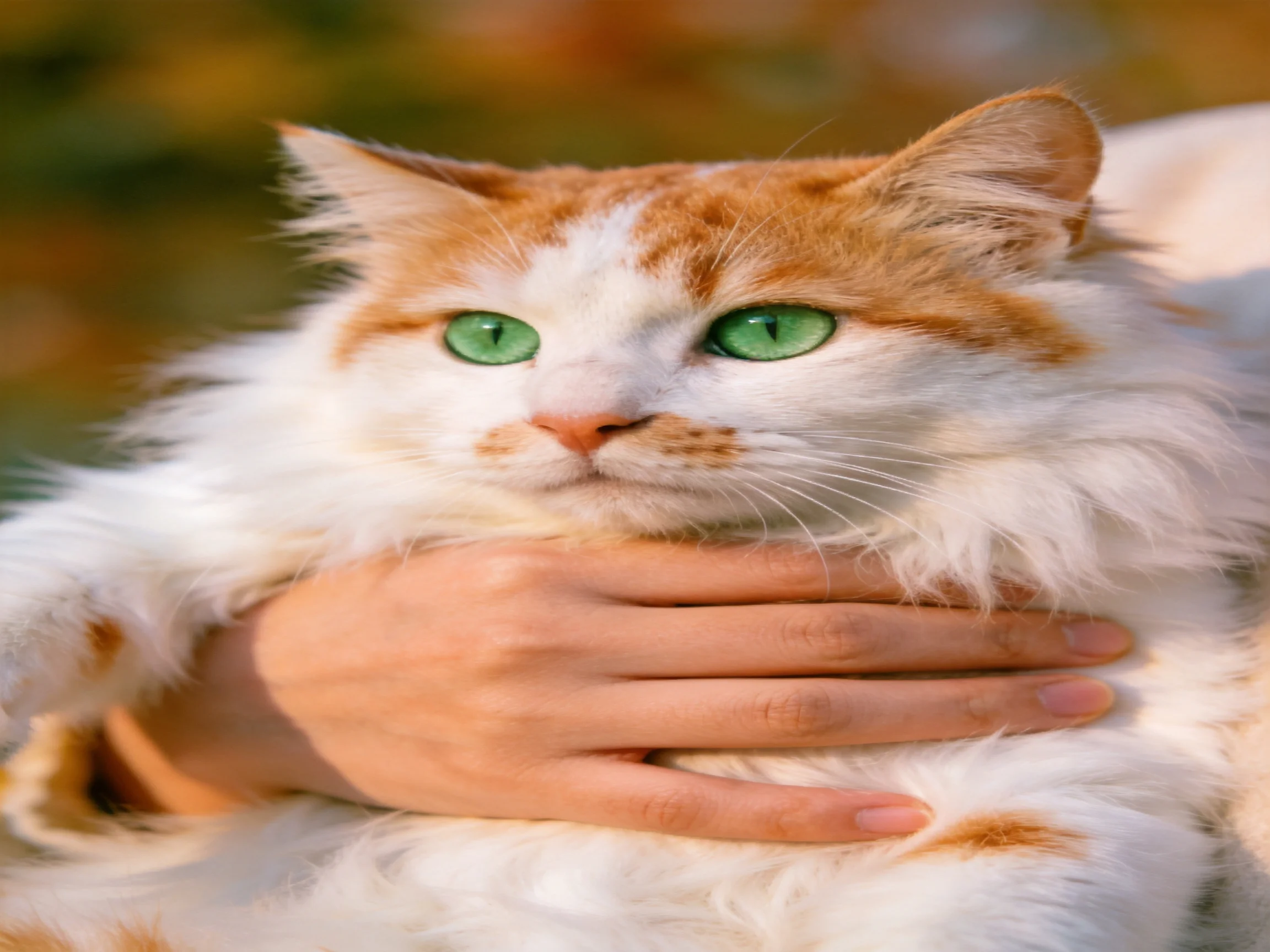 A fluffy orange-and-white cat with bright green eyes is being held.