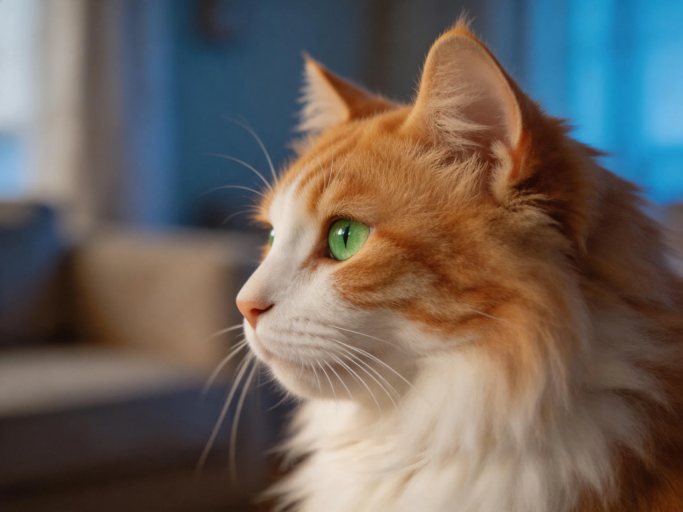 A fluffy orange and white cat with bright green eyes gazes serenely in a softly lit indoor space.