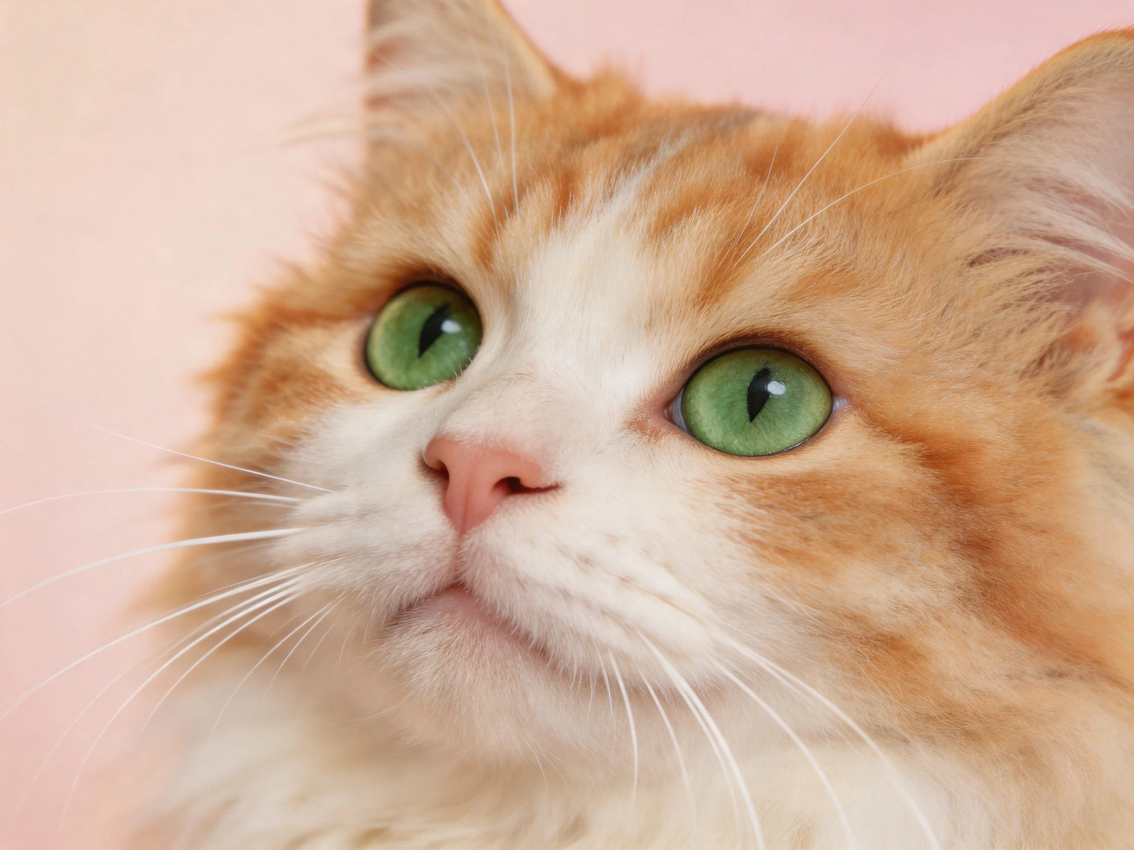 A fluffy orange and white cat gazes upward with striking green eyes.