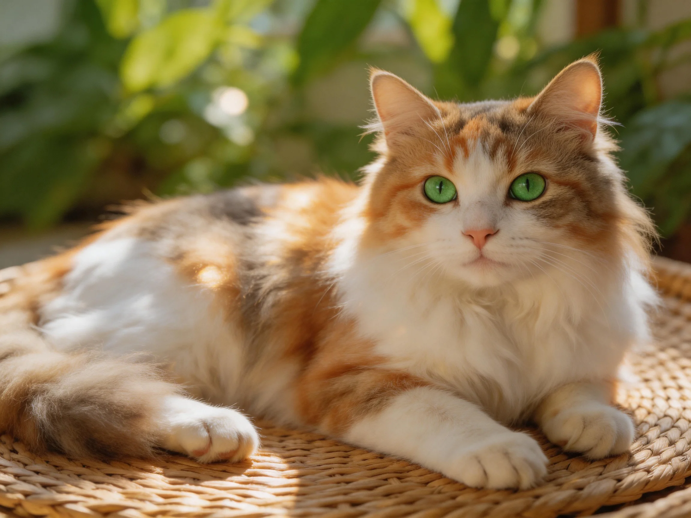 A fluffy orange and white cat with green eyes relaxes on a wicker mat in a sunlit setting.