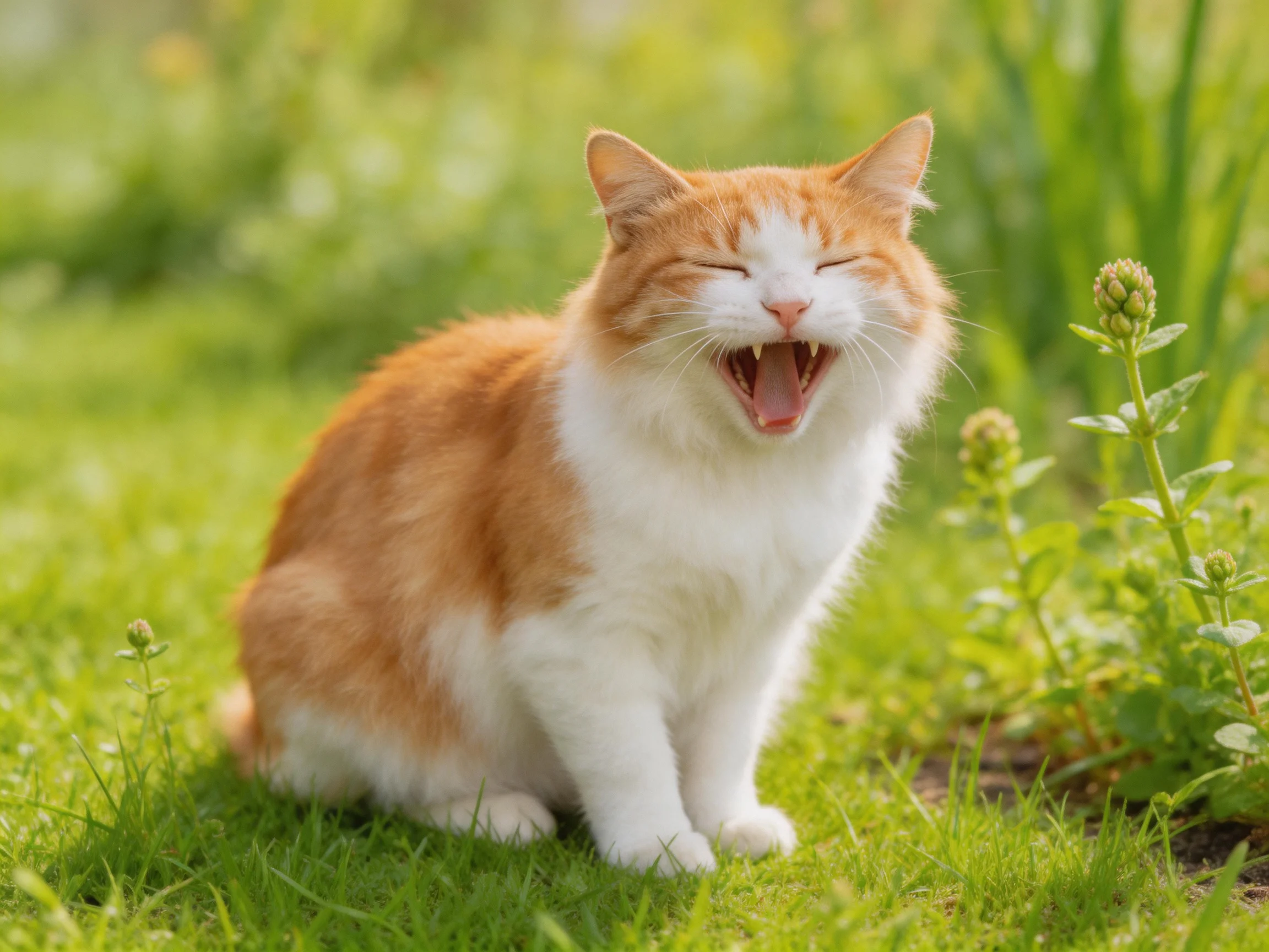 A fluffy orange and white cat yawns happily in a sunlit garden.
