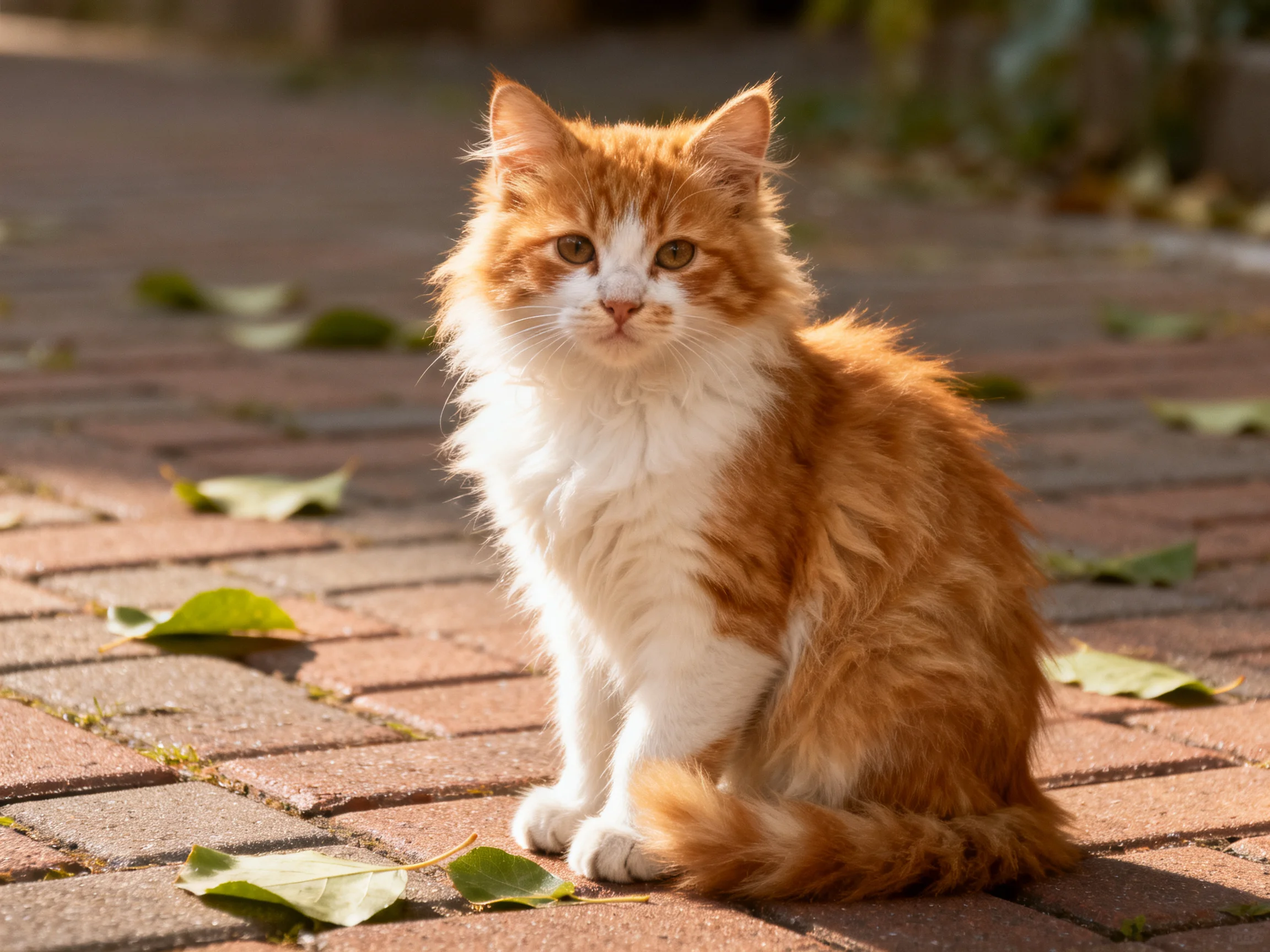 A fluffy orange and white kitten sits on a brick pathway amid scattered leaves.