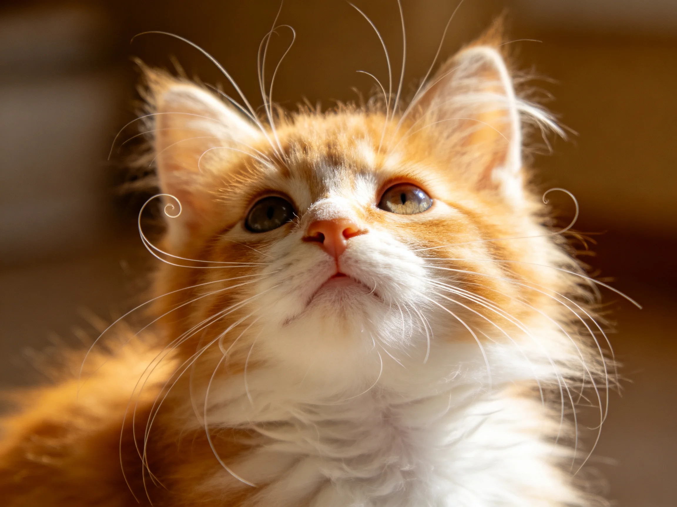 Close-up of a fluffy orange and white kitten looking upward.