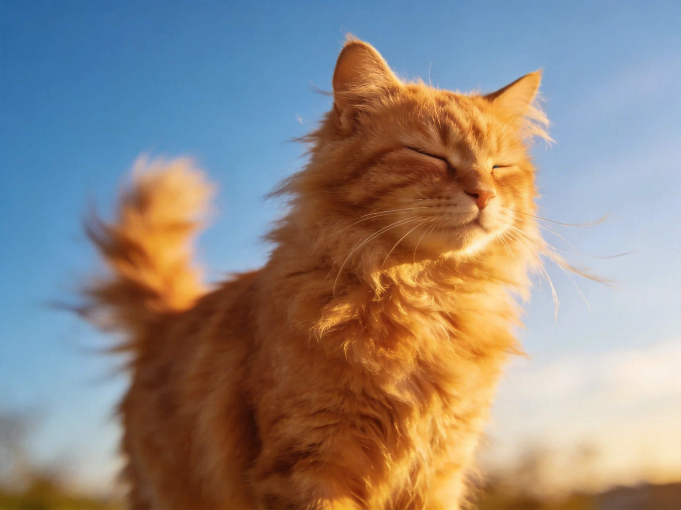A fluffy orange cat basking in golden sunlight against a clear blue sky