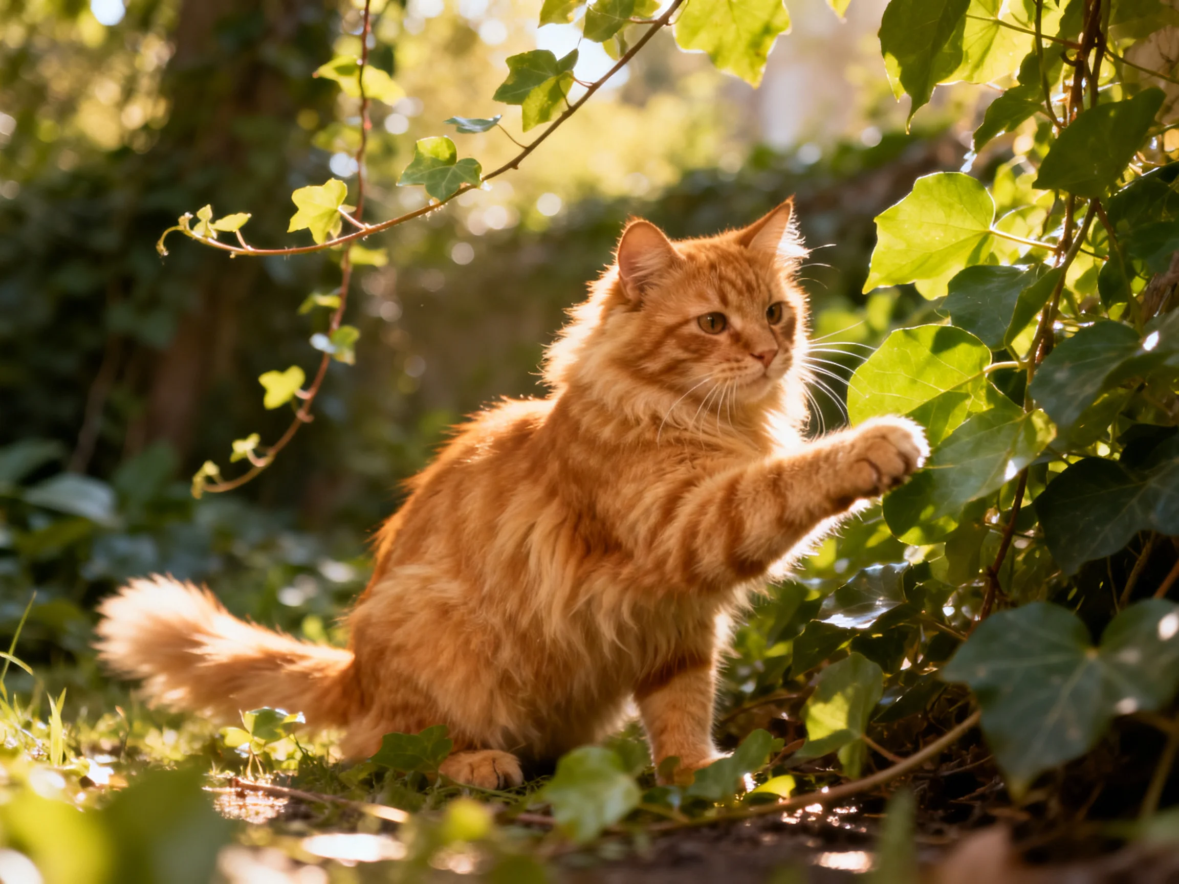 A fluffy orange cat exploring lush green foliage amid golden sunlight