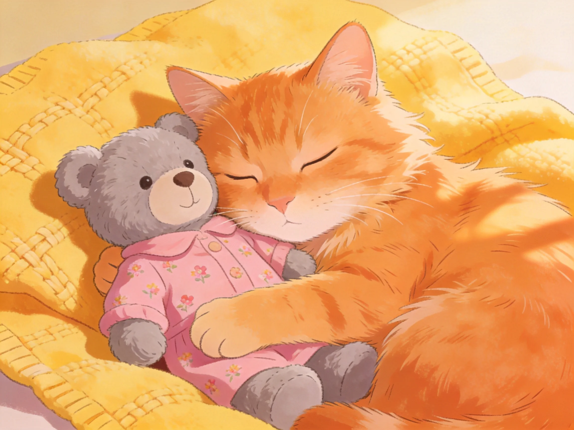 A fluffy orange cat hugs a gray teddy bear on a bright yellow blanket