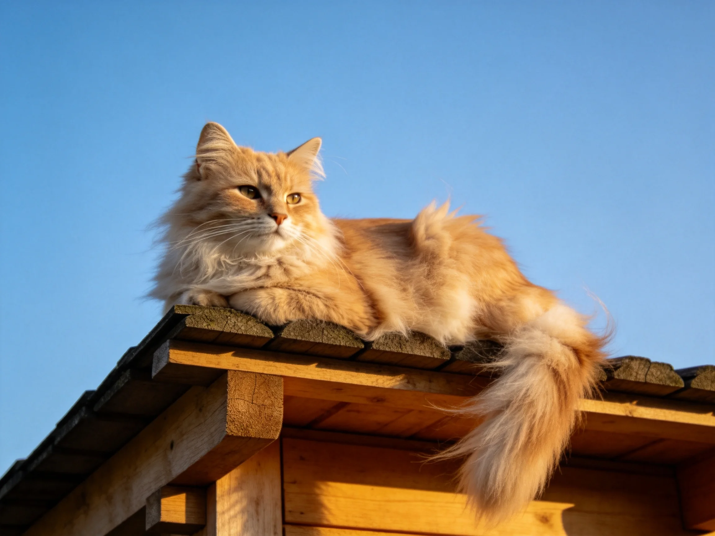 A fluffy orange cat rests on a wooden structure beneath a clear blue sky.