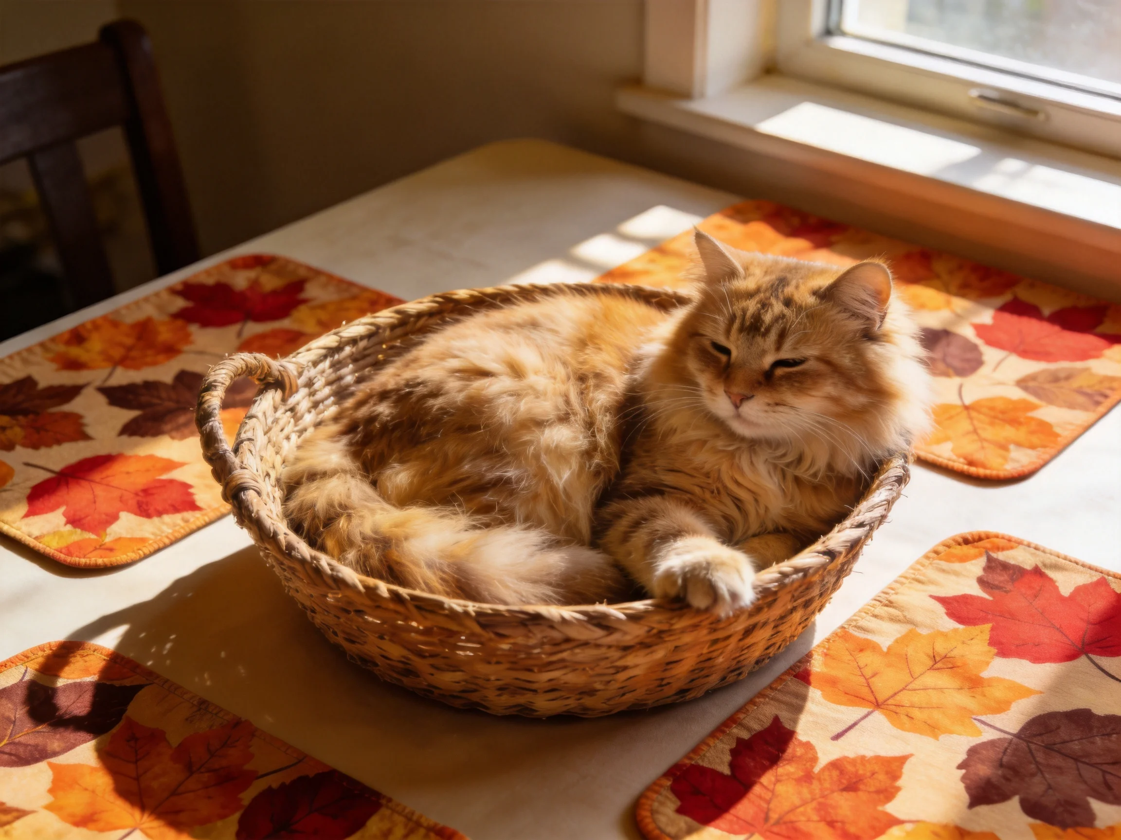 A fluffy orange cat lounges in a wicker basket on an autumn-patterned table