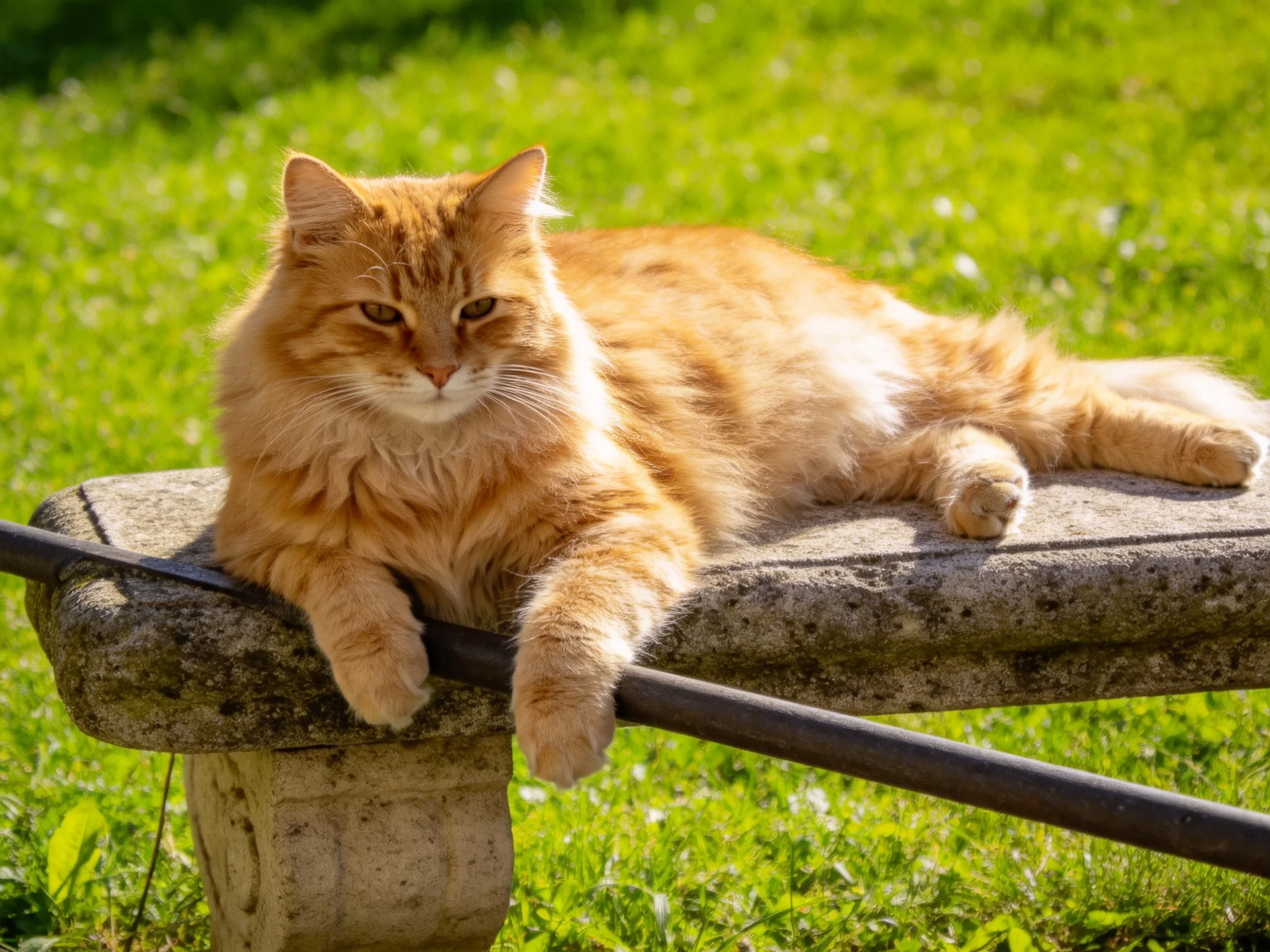 A fluffy orange cat lounges on a weathered stone bench in a sun - drenched garden
