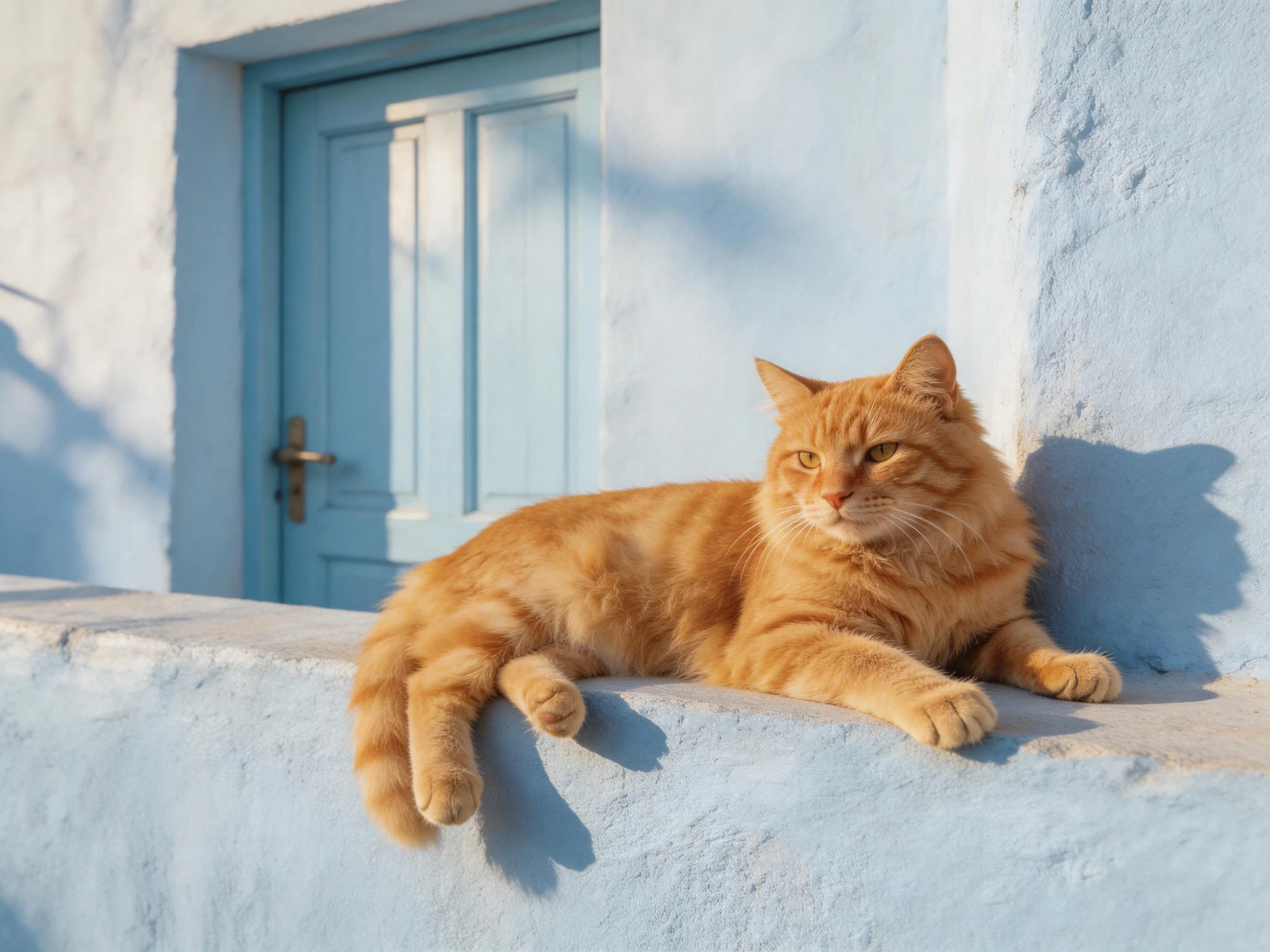 A fluffy orange cat lounges on a white ledge by a blue door
