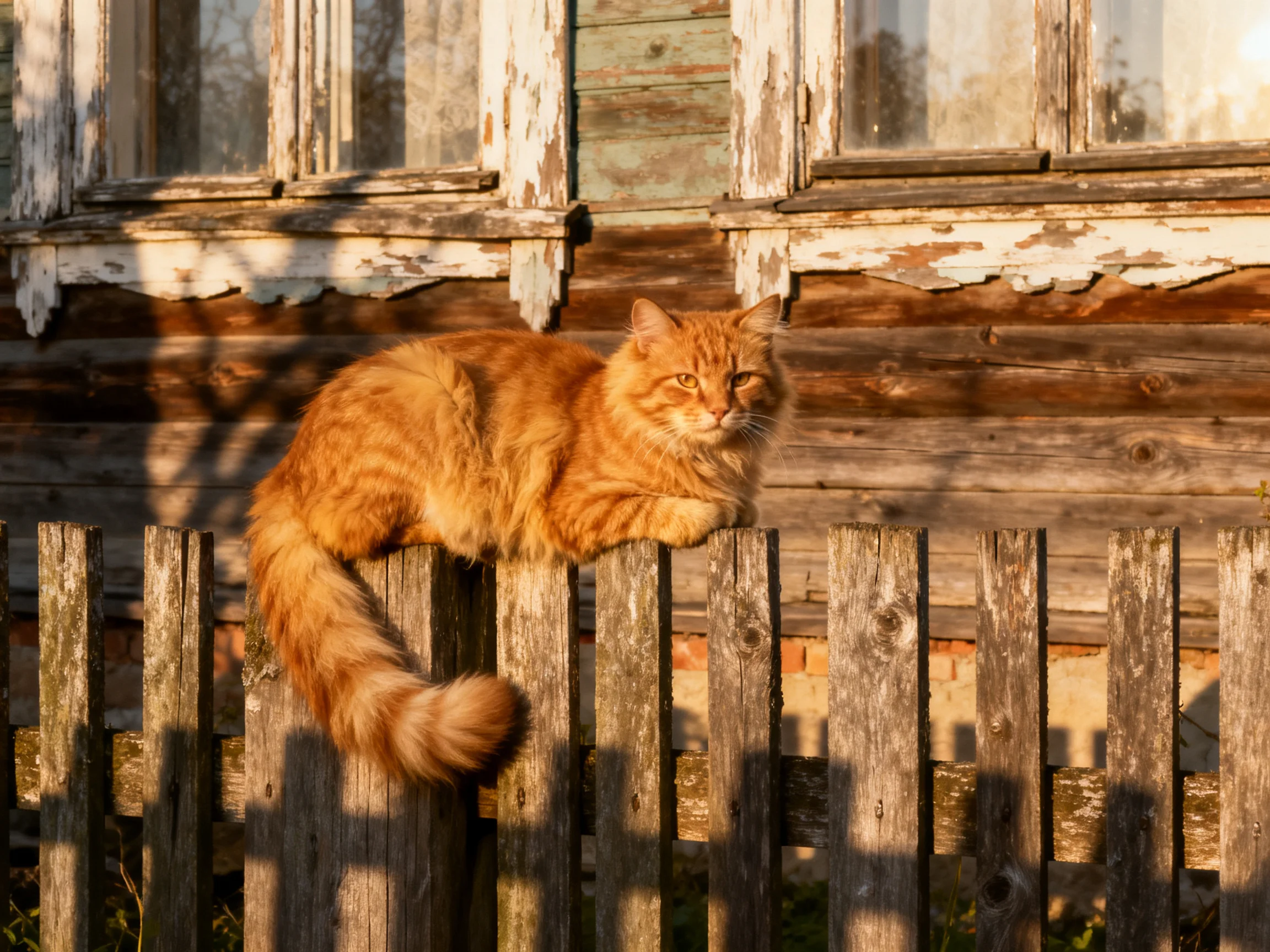 A fluffy orange cat lounges on a worn wooden fence by an old rustic house