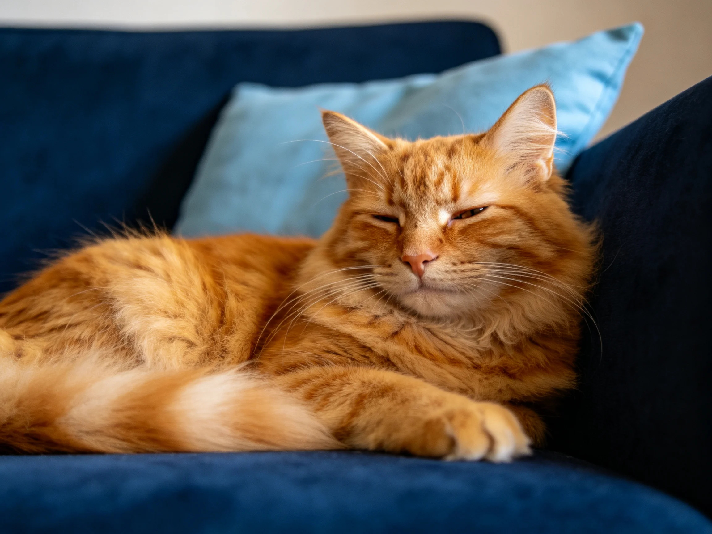 A fluffy orange cat lounging on a dark blue sofa with a light blue cushion