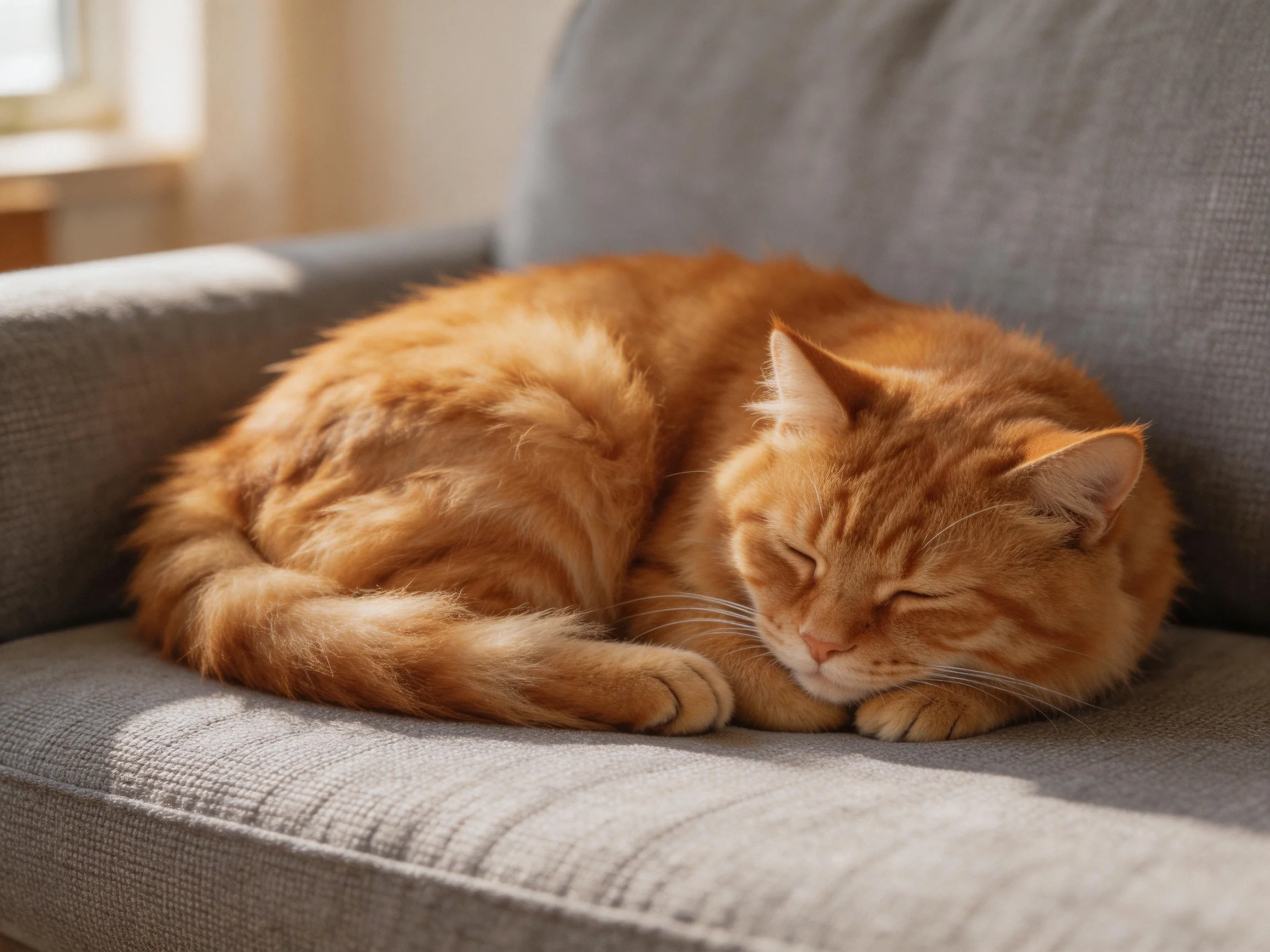 An orange cat sleeps peacefully on a gray sofa in a sunlit room.