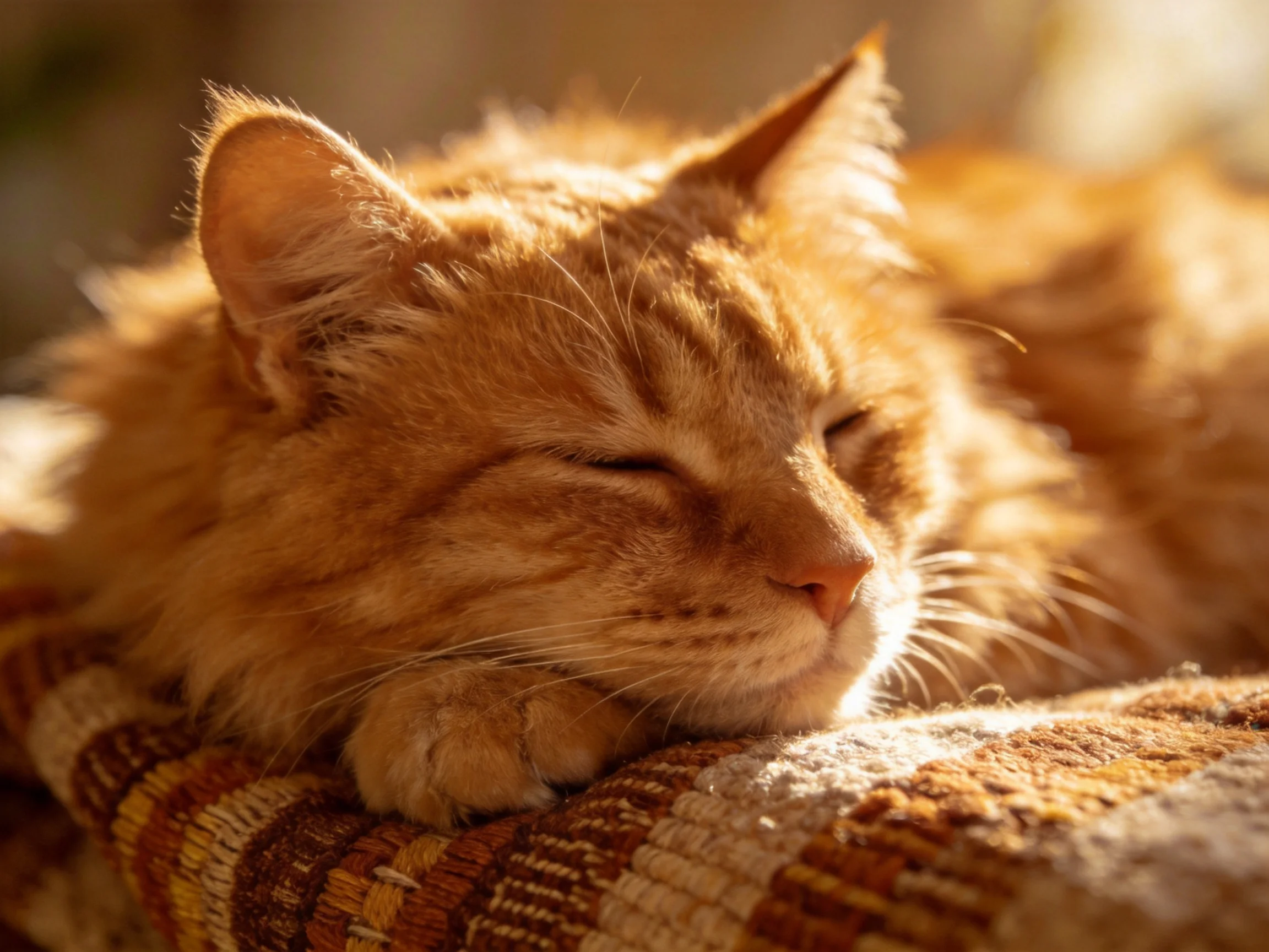 An orange cat sleeps on a striped fabric cushion in warm light.