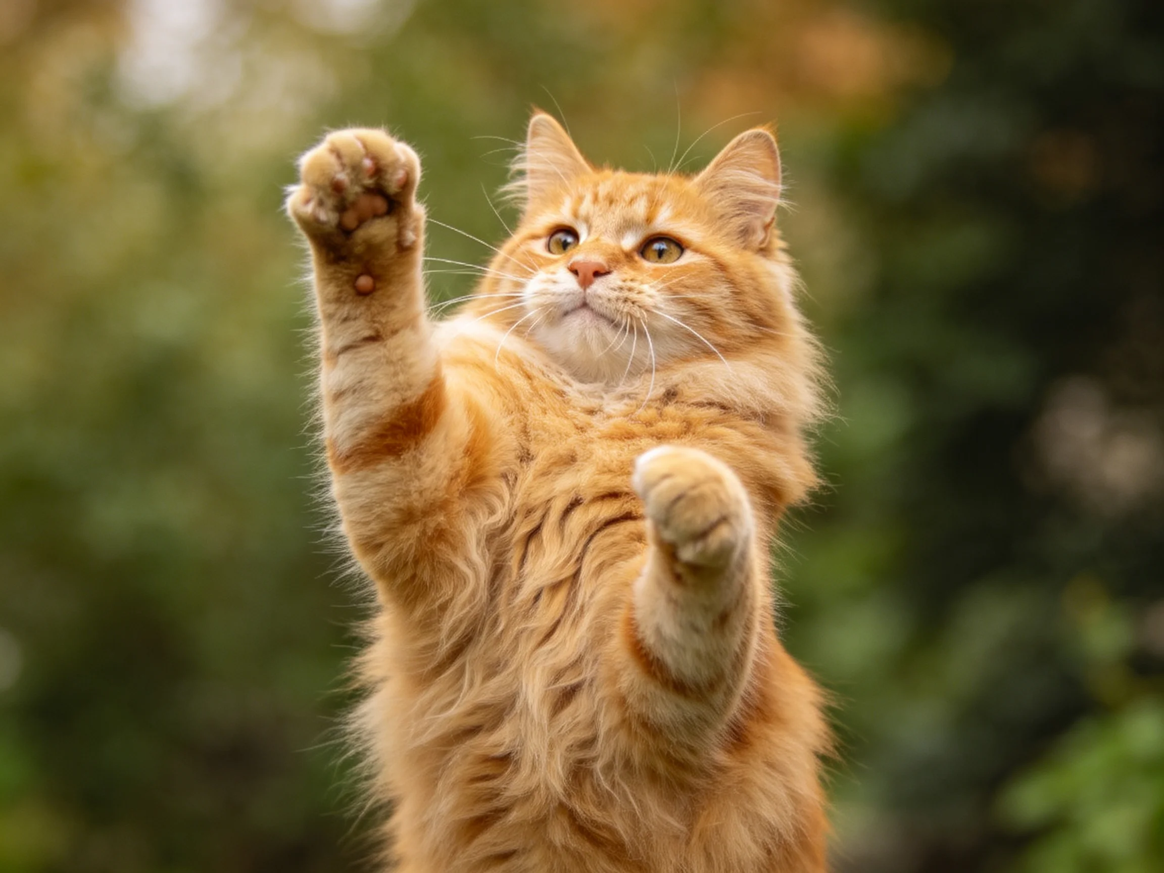 A fluffy orange cat reaching upward with outstretched front paws