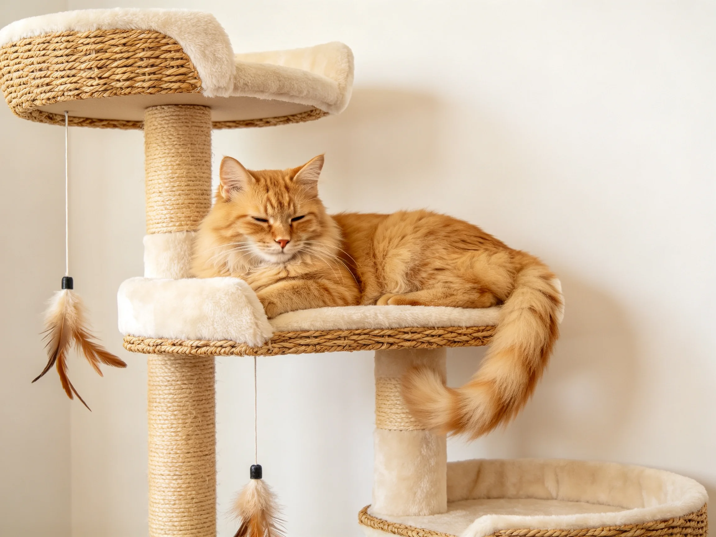 A fluffy orange cat relaxes on a multi-level wicker cat tree with feather toys