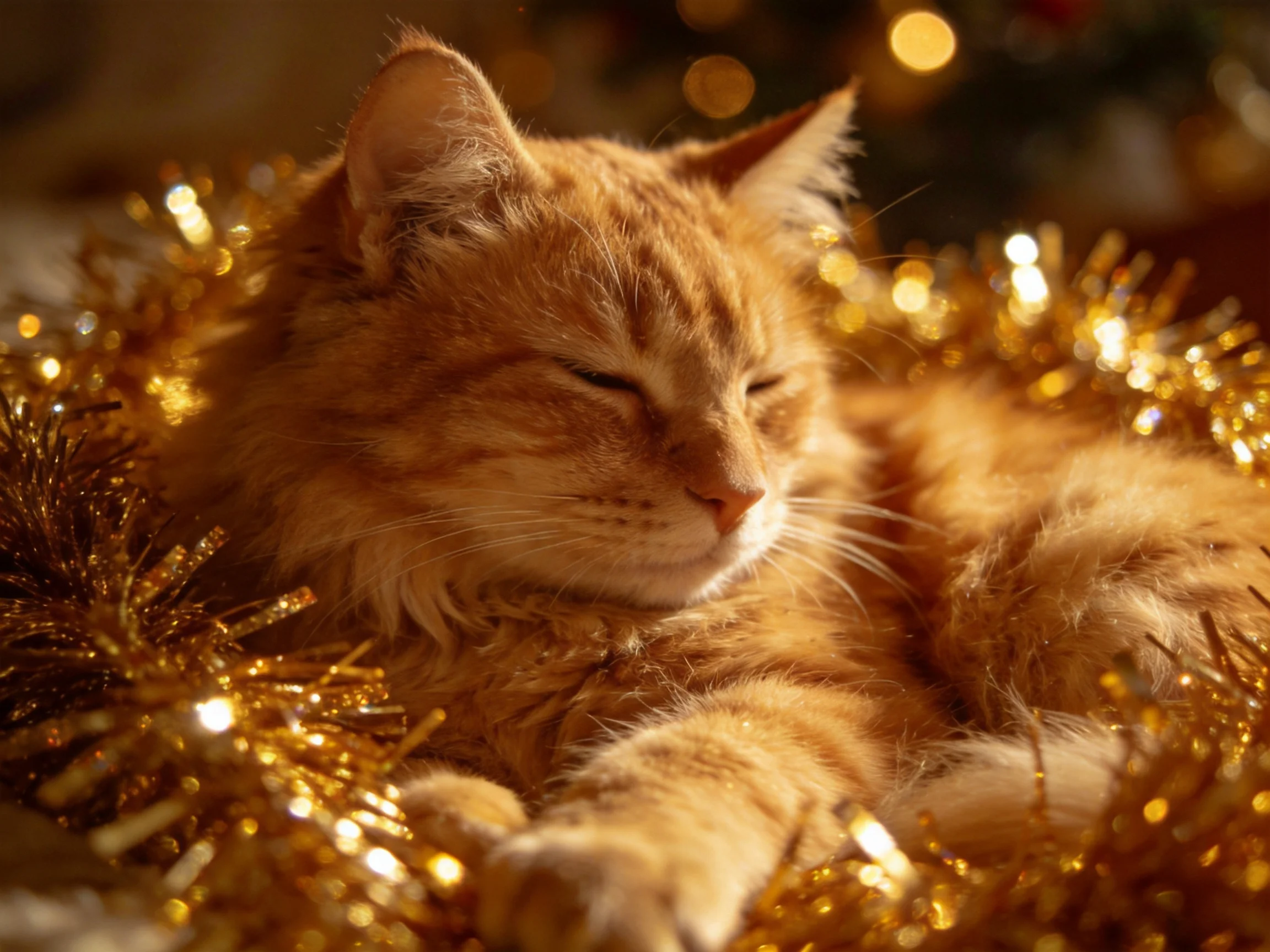 An orange cat relaxes among golden decorative tinsel.