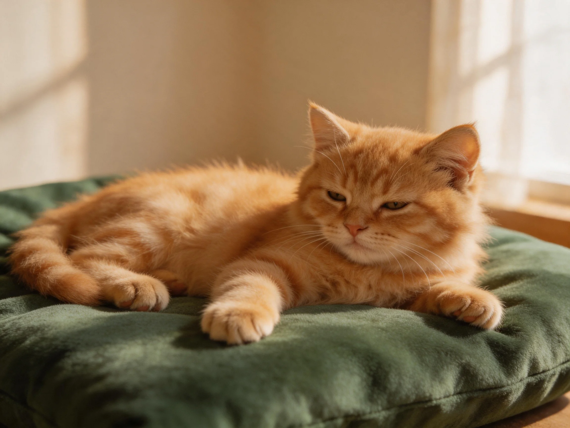 A fluffy orange cat resting on a plush green cushion near sunlit windows