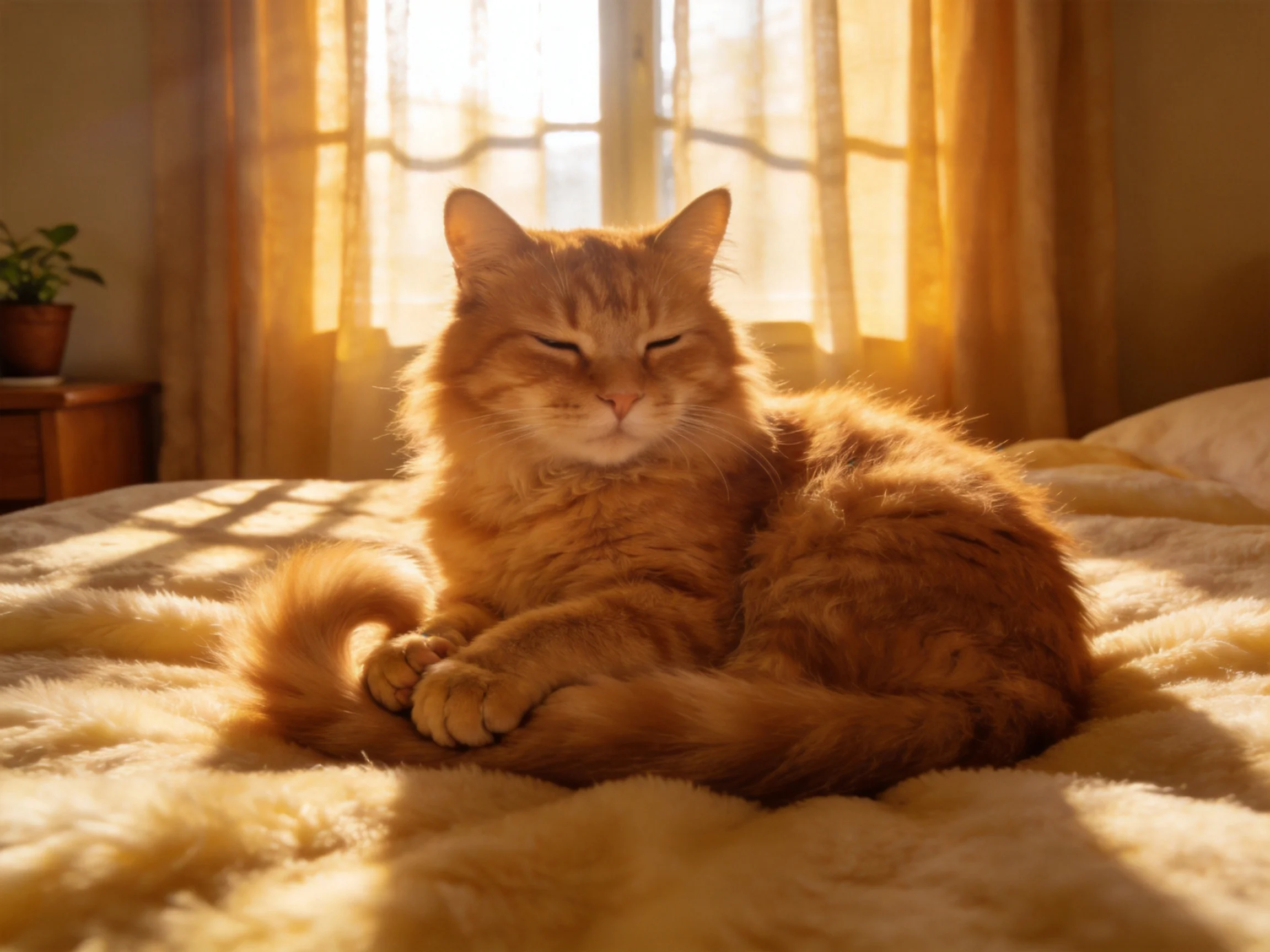 An orange cat relaxes on a soft bed in a sunlit room.