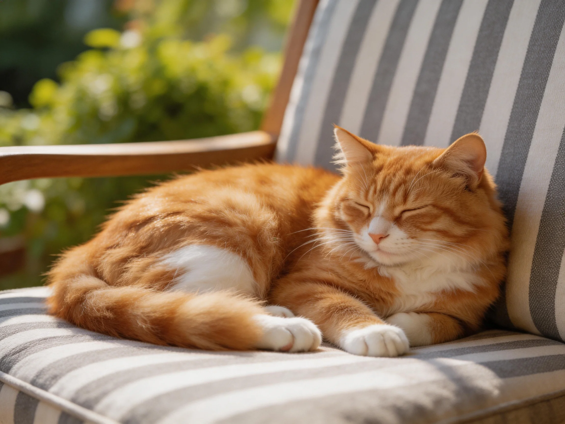 A fluffy orange cat resting on a striped cushioned chair