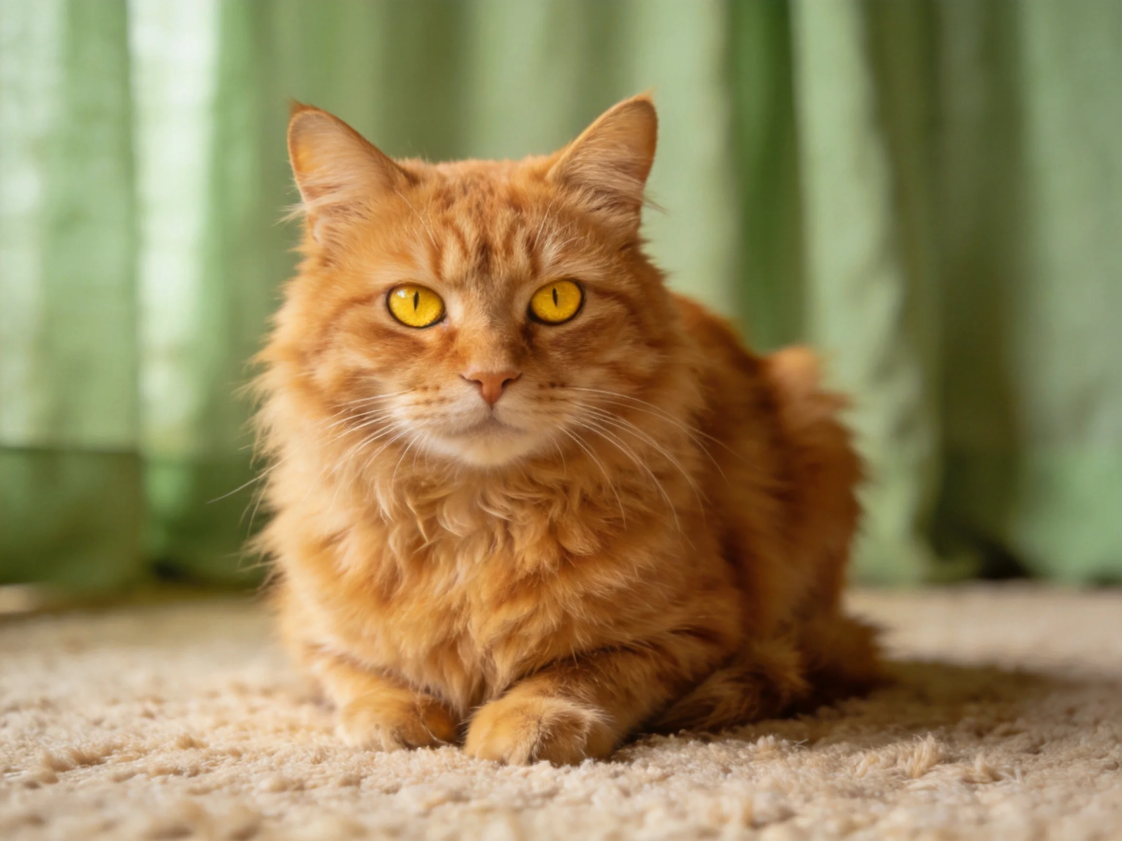 A fluffy orange cat sits calmly on a carpet beside green drapes.
