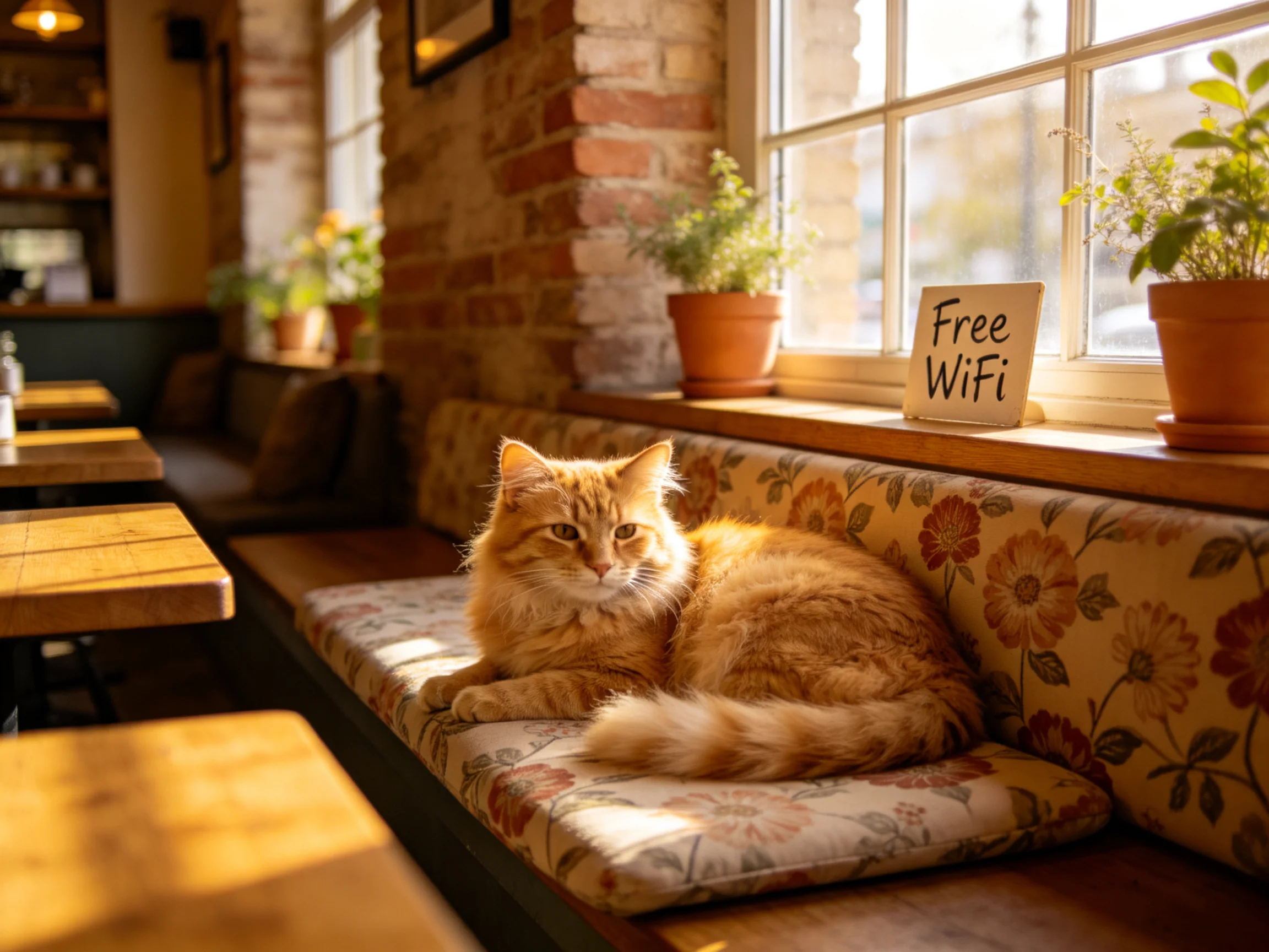 A fluffy orange cat rests on a floral bench in a sunlit brick cafe