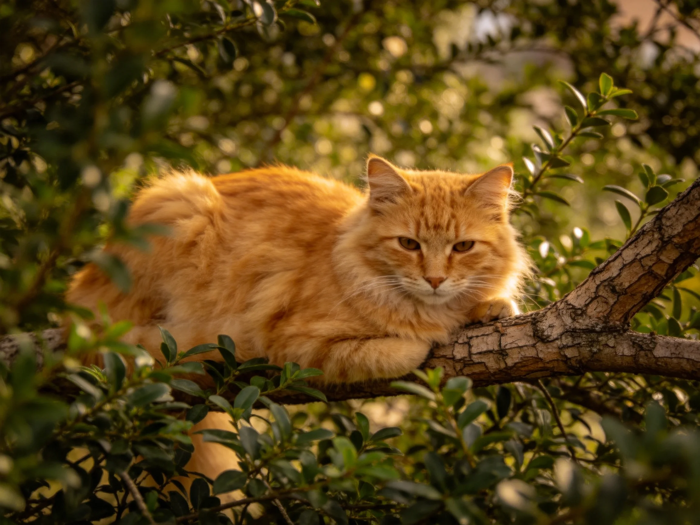 A fluffy orange cat rests on a gnarled tree branch surrounded by dense greenery