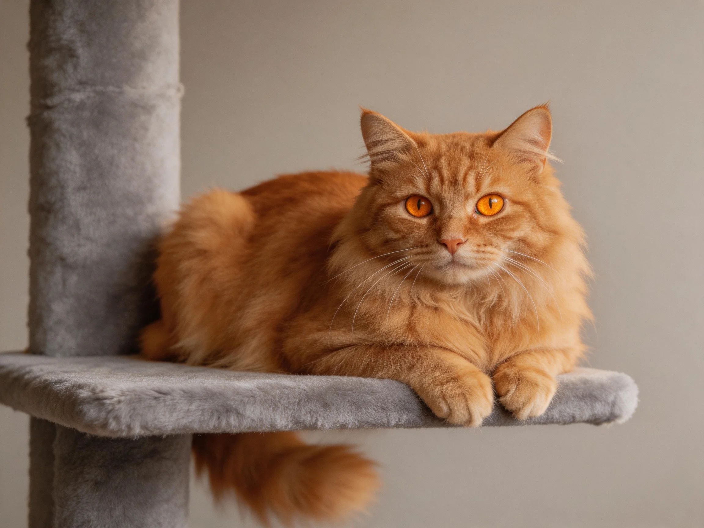 An orange cat relaxes on a gray cat tree platform.