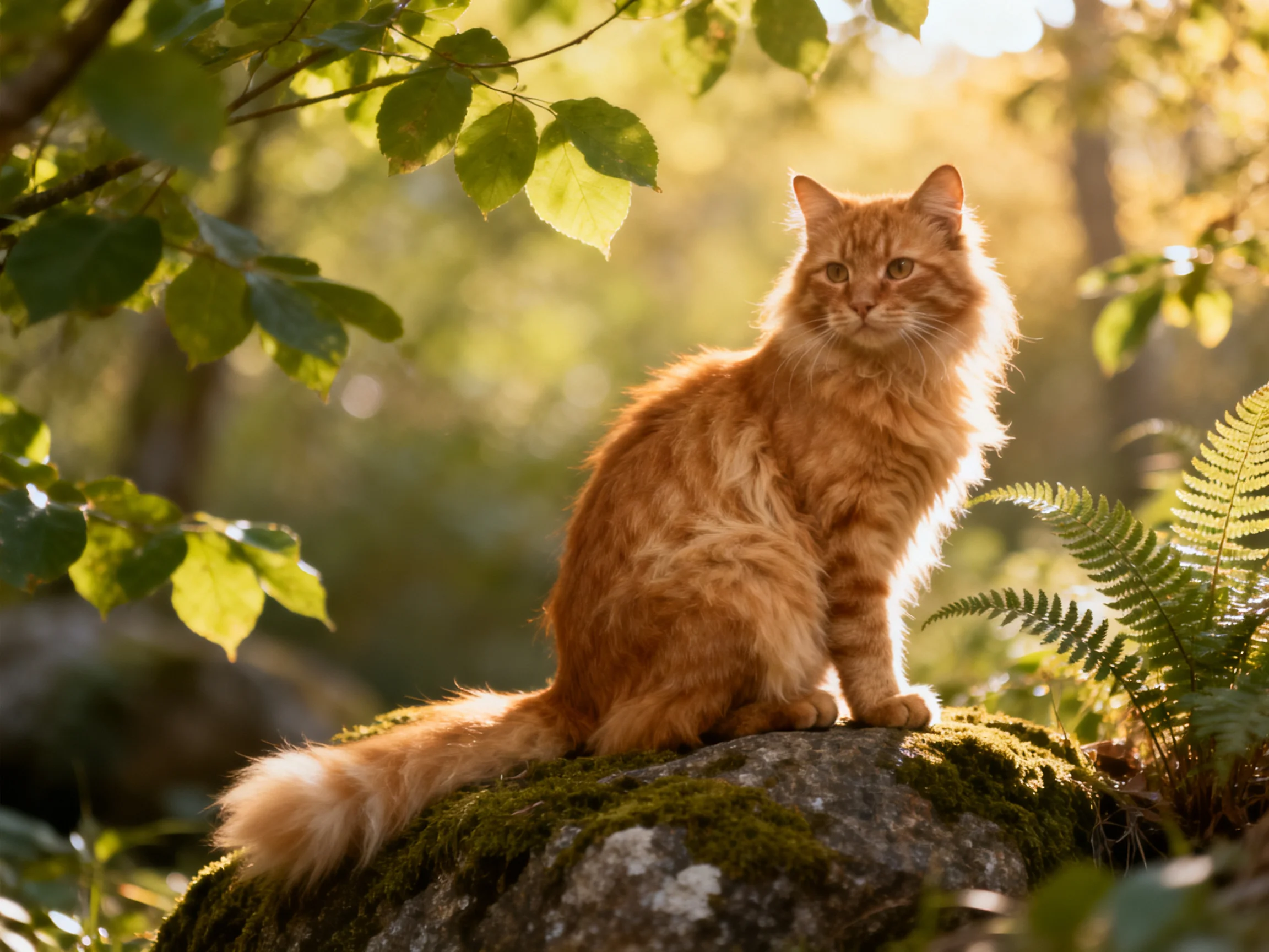 A fluffy orange cat rests on a mossy rock amid sunlit greenery.