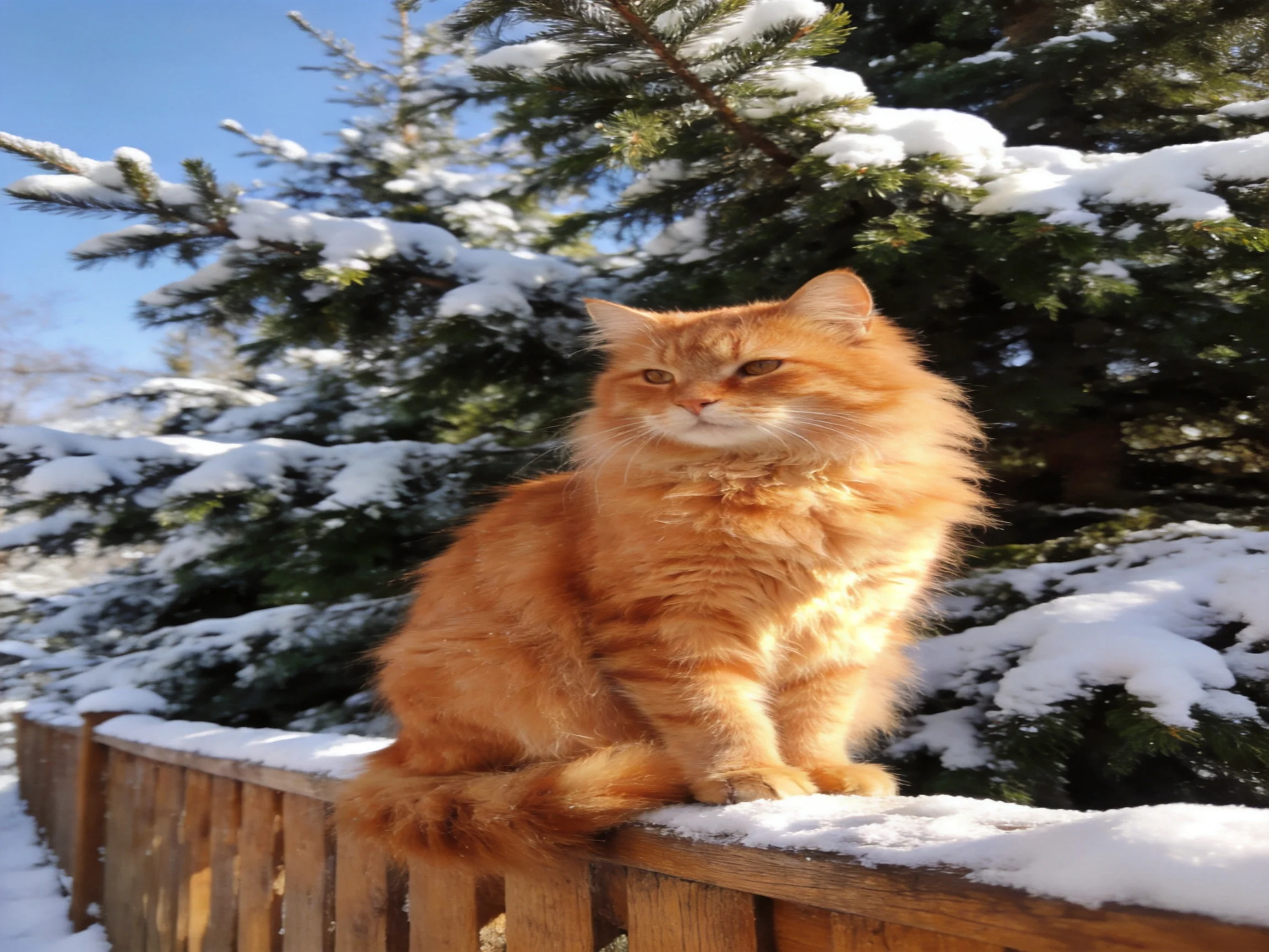 An orange cat rests on a snow-covered wooden fence beside snow-laden evergreens.