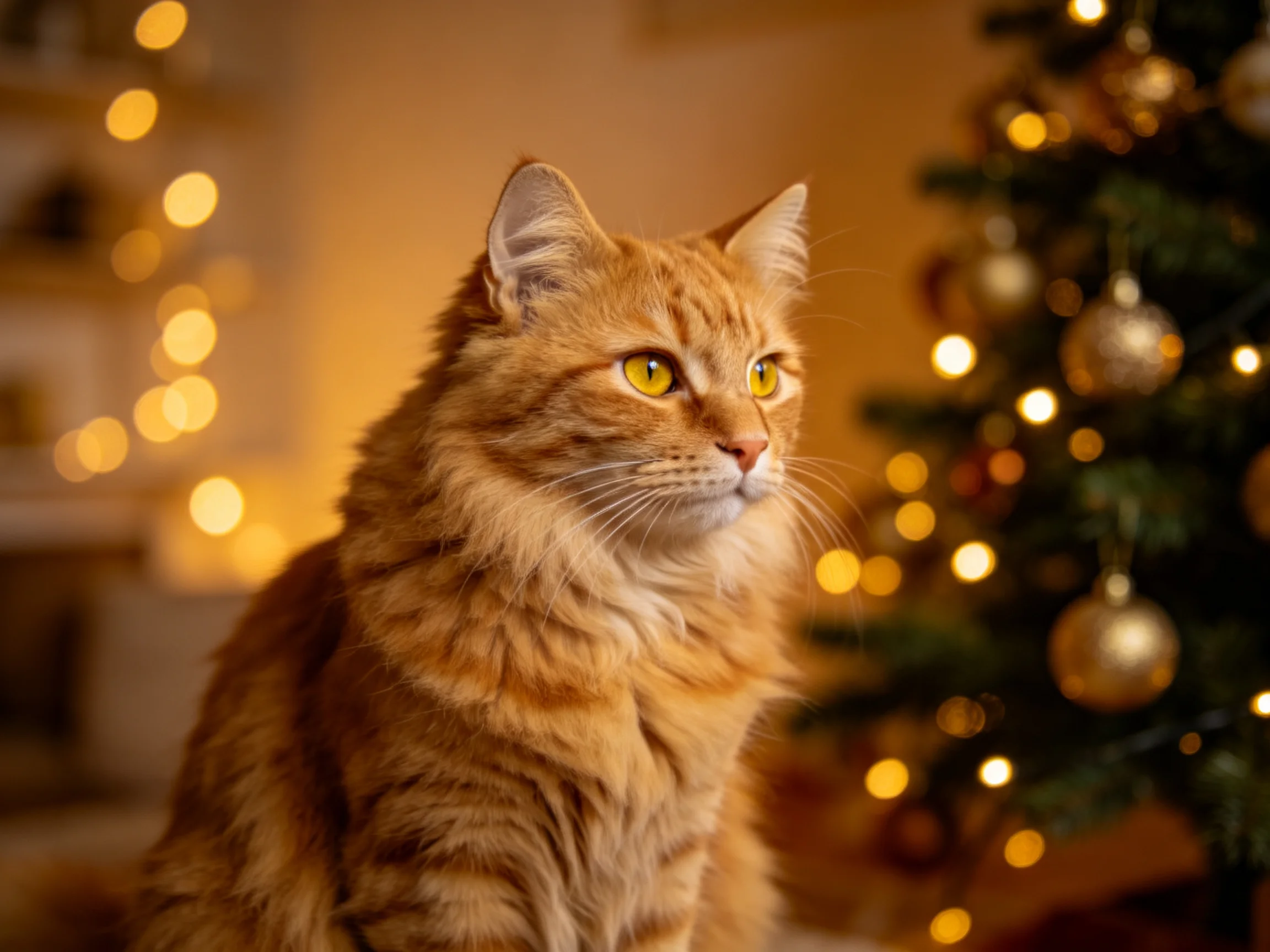 An orange cat sits near a decorated Christmas tree with glowing lights.