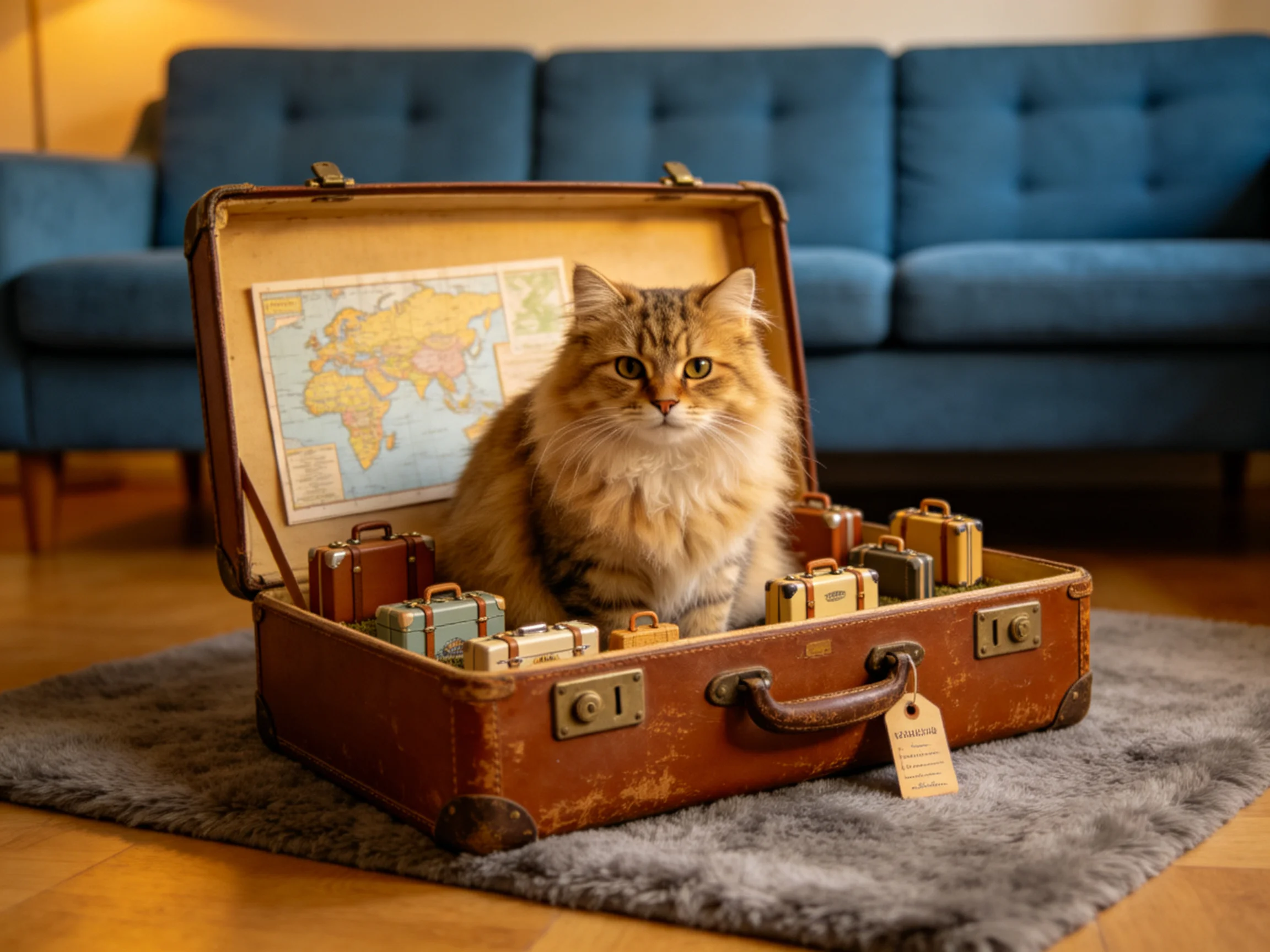 A fluffy orange cat sits inside an open vintage suitcase filled with miniature suitcases near a blue couch.