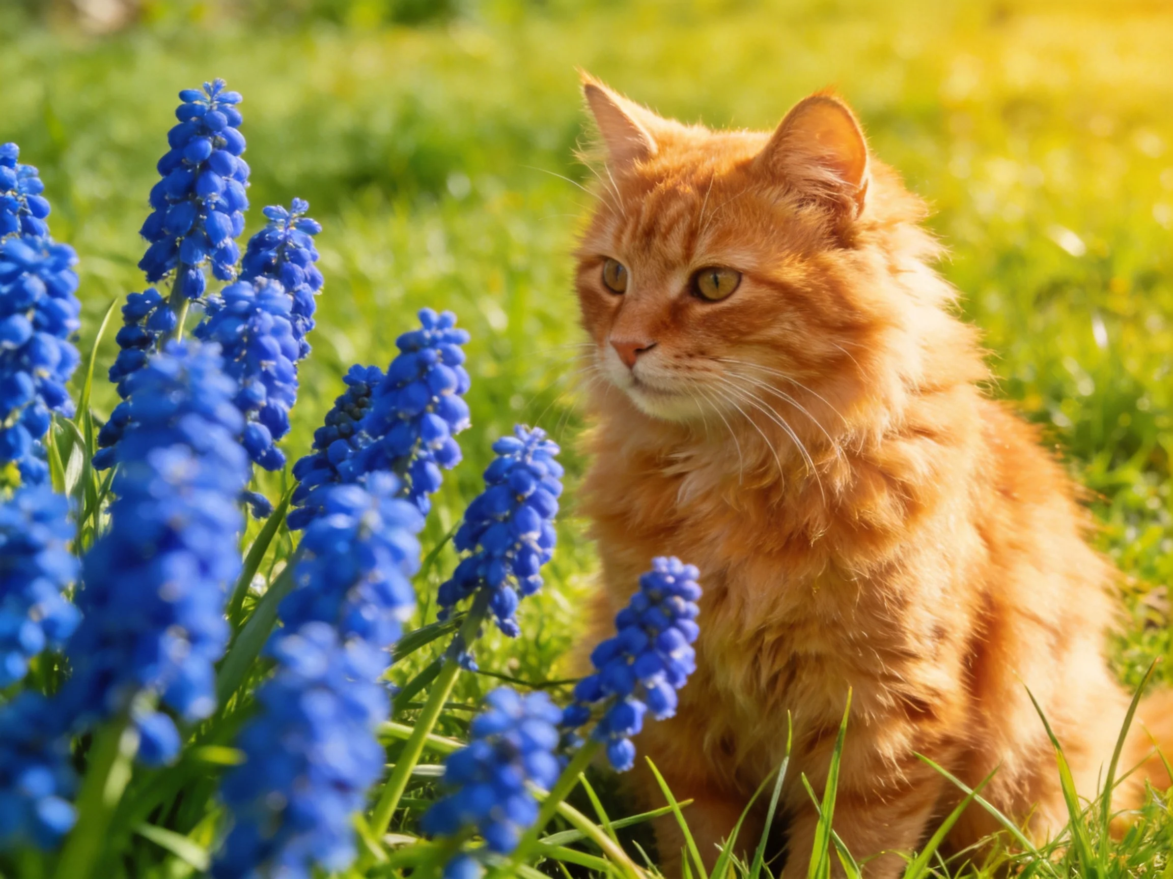An orange cat rests beside blue flowers in a sunlit grassy area.