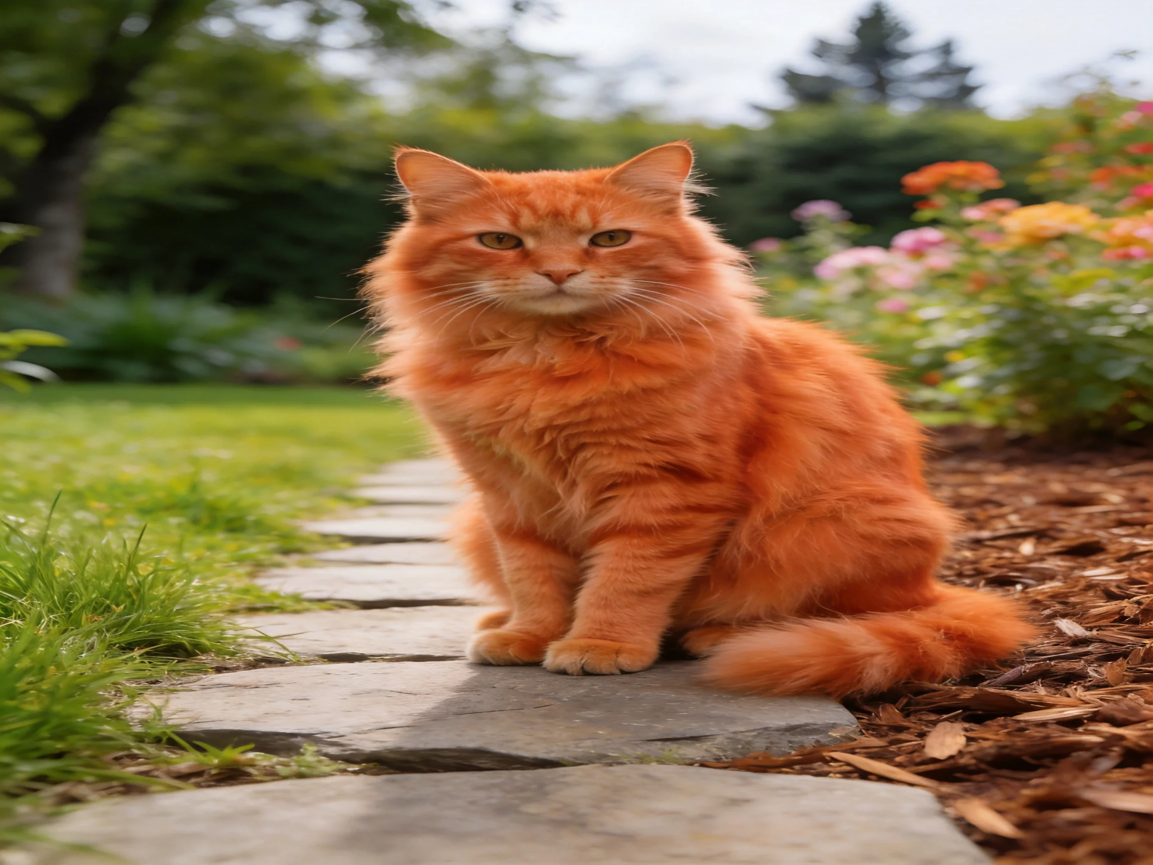 A fluffy orange cat sits calmly on a stone path amid a vibrant garden.