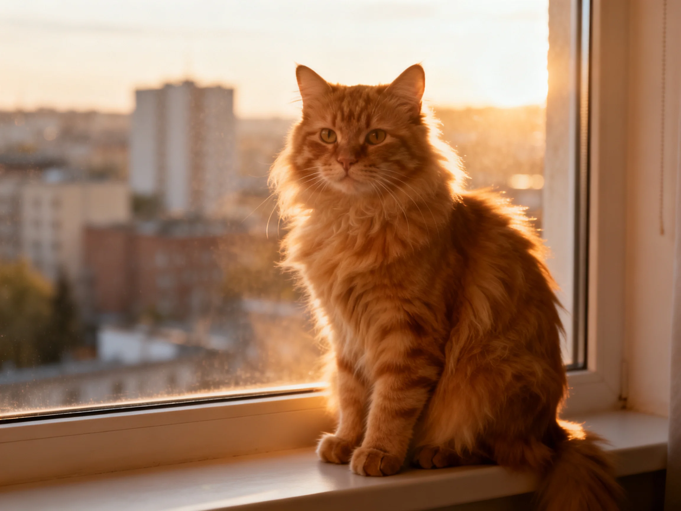 A fluffy orange cat sits on a windowsill overlooking a city during golden hour