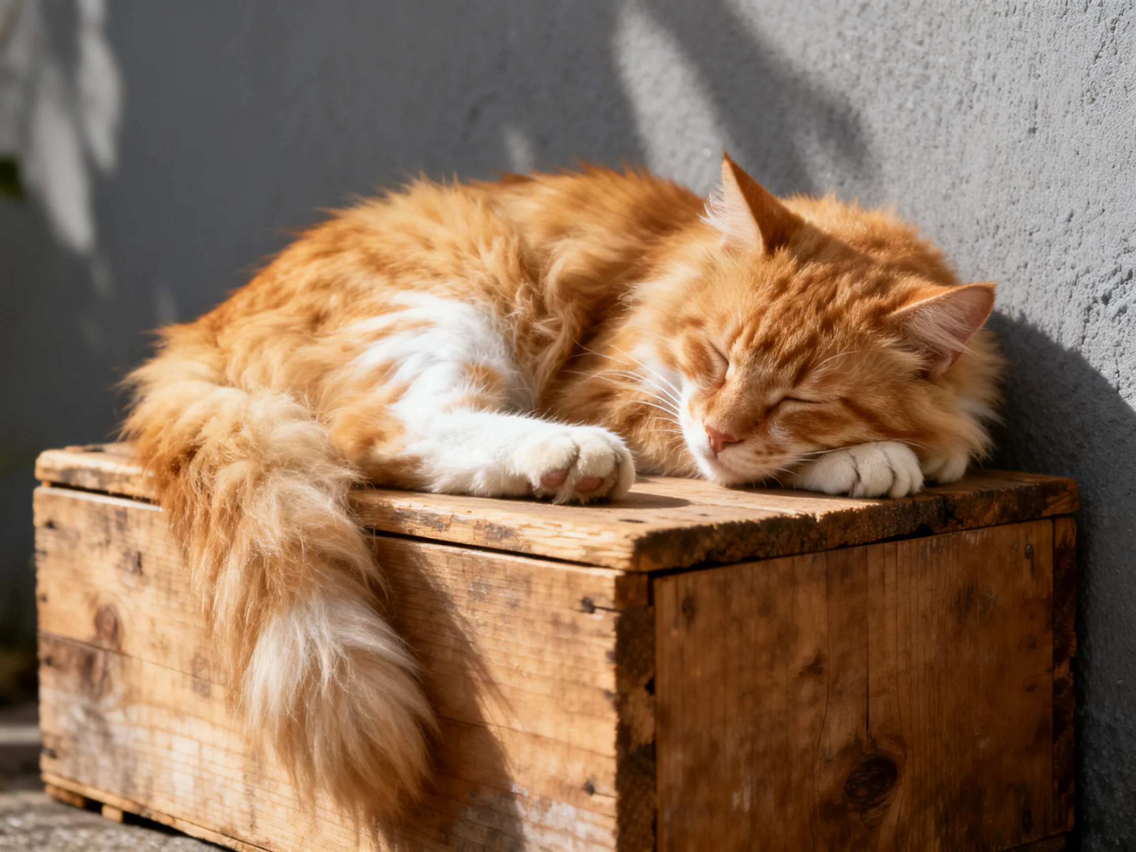 A fluffy orange cat sleeps on a weathered wooden box
