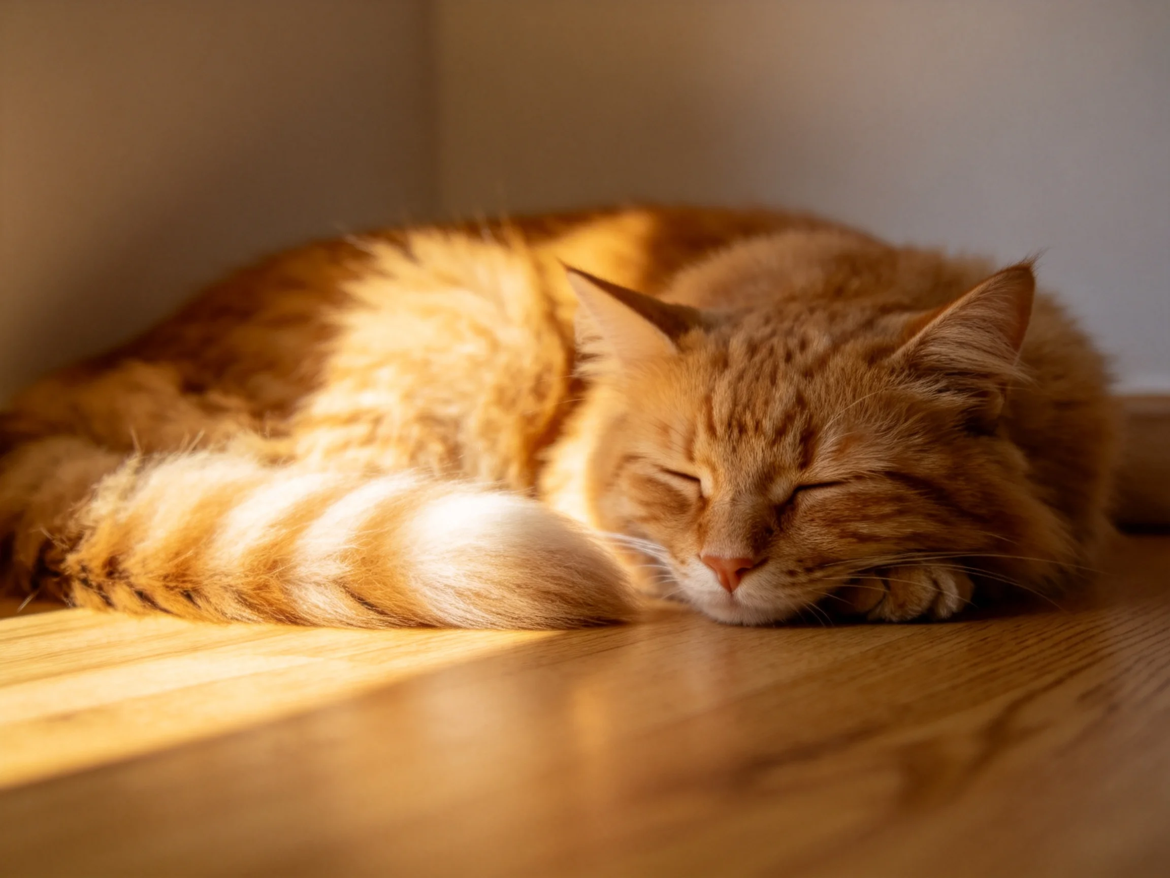 A fluffy orange cat sleeps peacefully on a polished wooden floor in warm sunlight