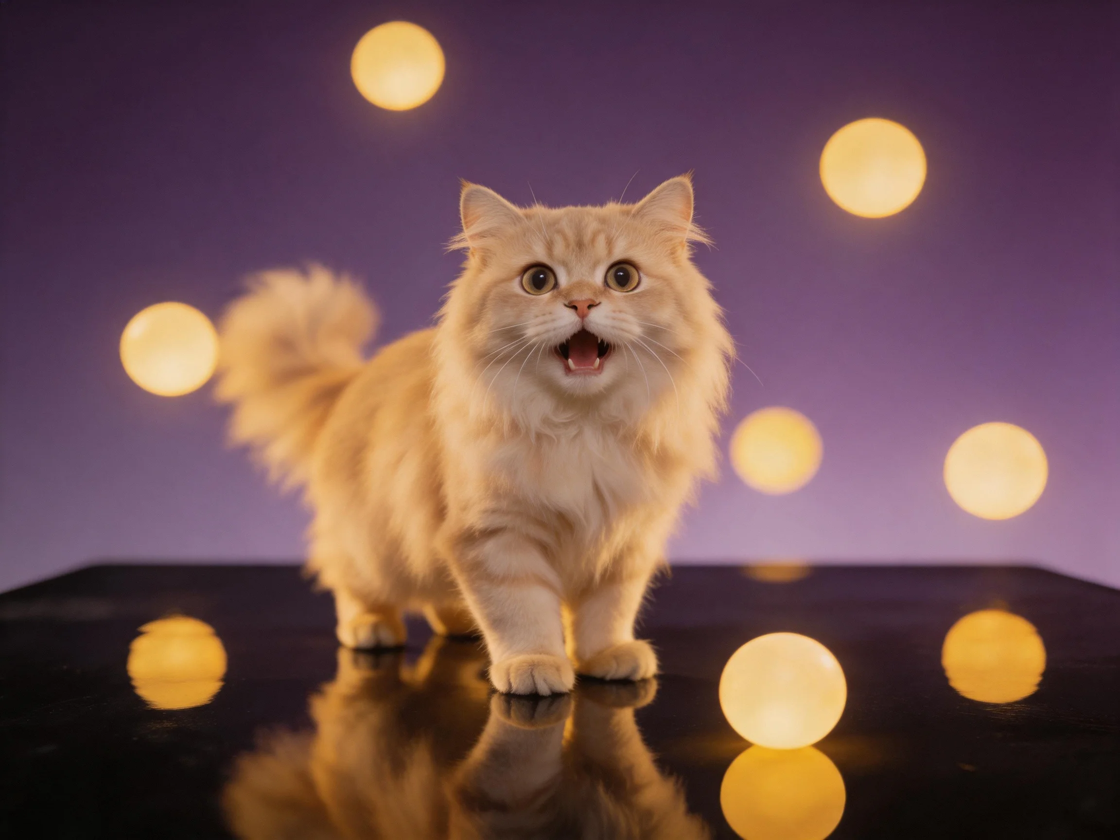 A fluffy orange cat stands amid glowing orbs on a reflective surface.