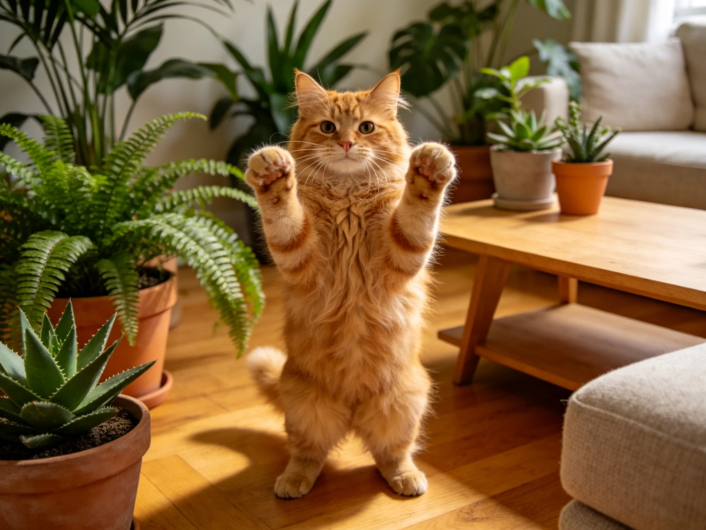 An orange cat stands on hind legs among potted plants in a sunlit living room.