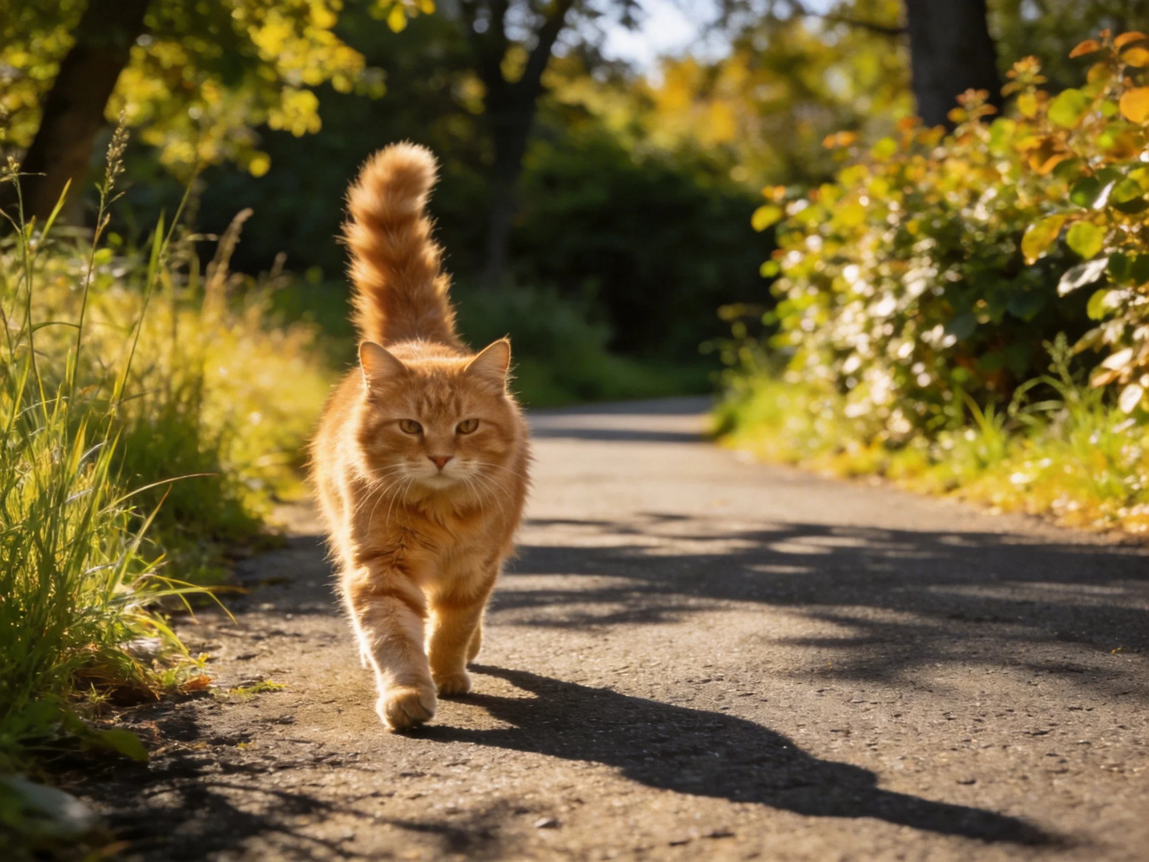 An orange cat walks down a sunlit forest path.