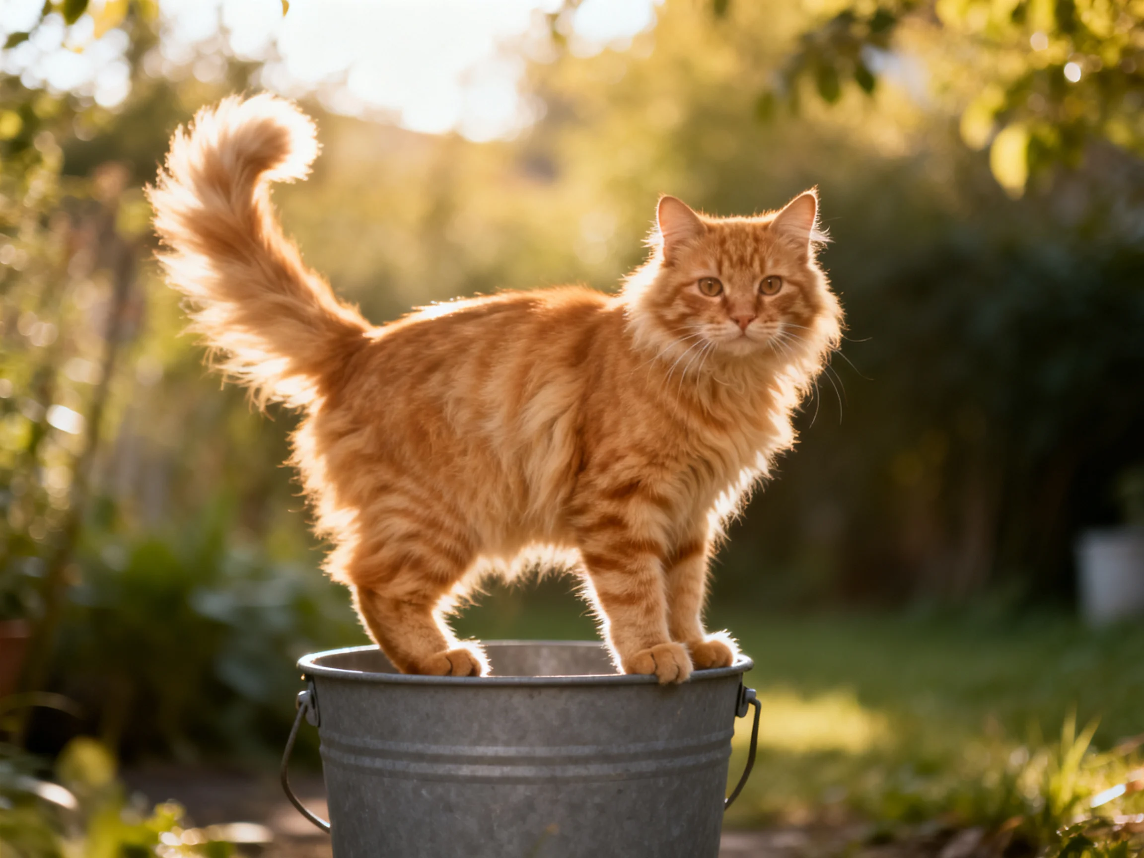 A fluffy orange cat with a bushy tail stands atop a metal bucket in a sunlit garden