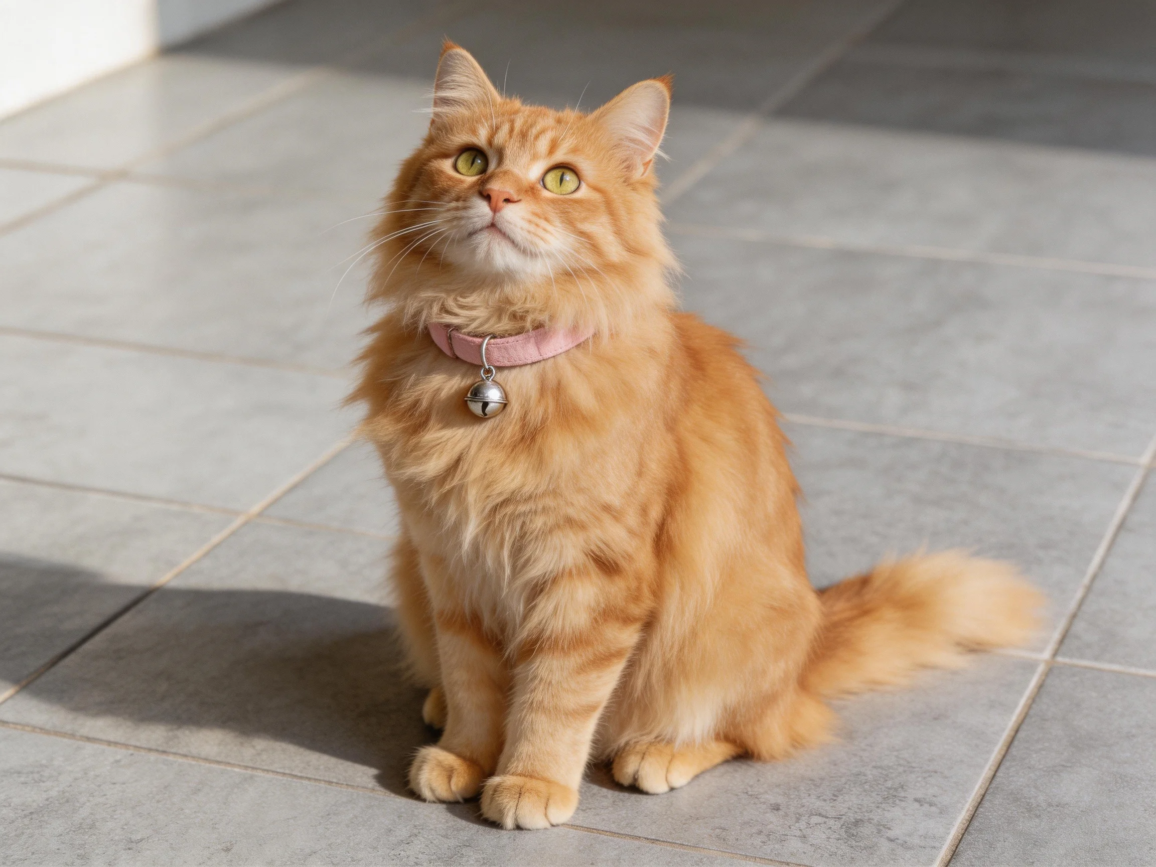 A fluffy orange cat with a pink collar sits calmly on gray tiles.