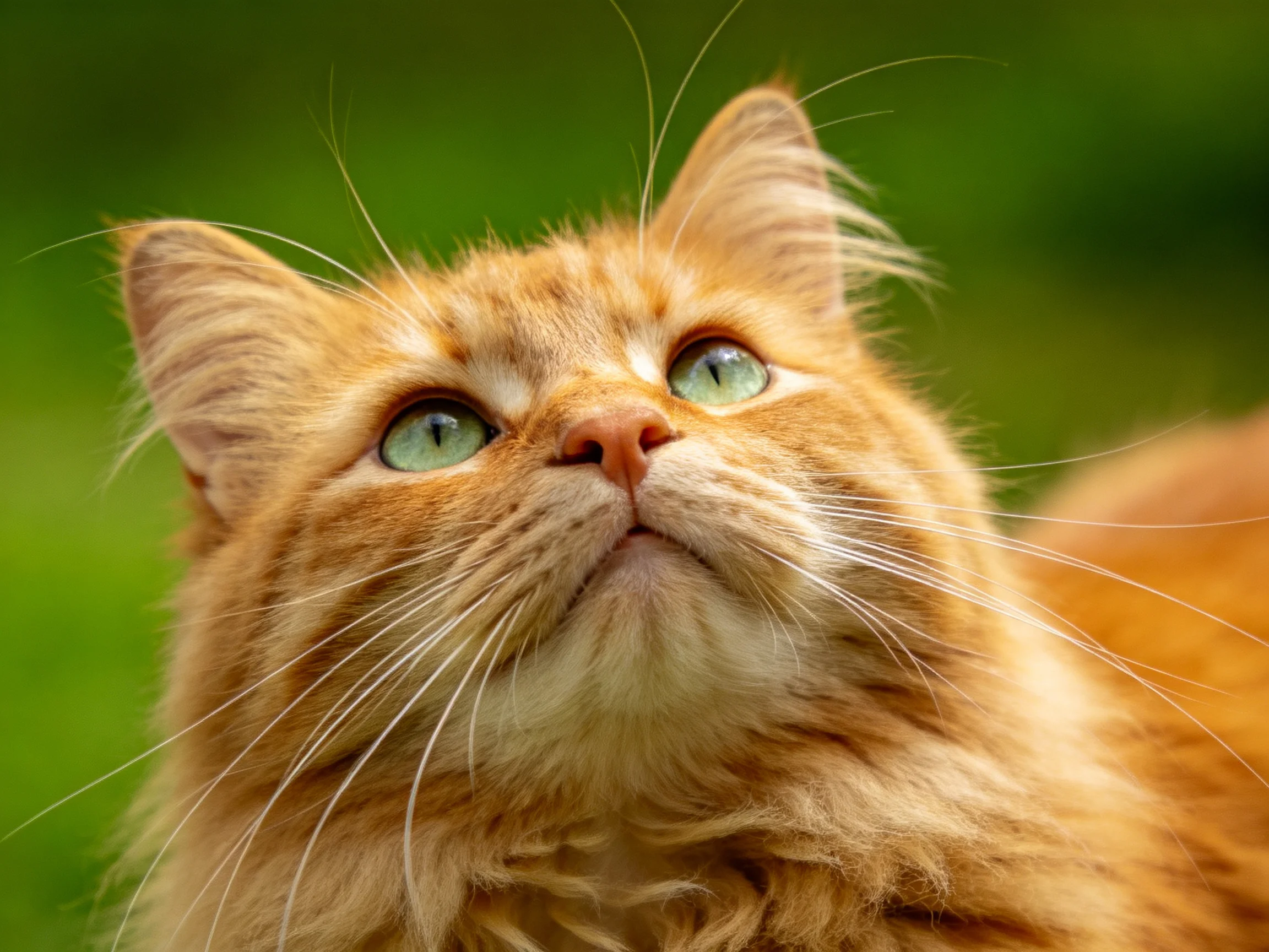 A fluffy orange cat with bright green eyes looks upward amid a blurred green background.